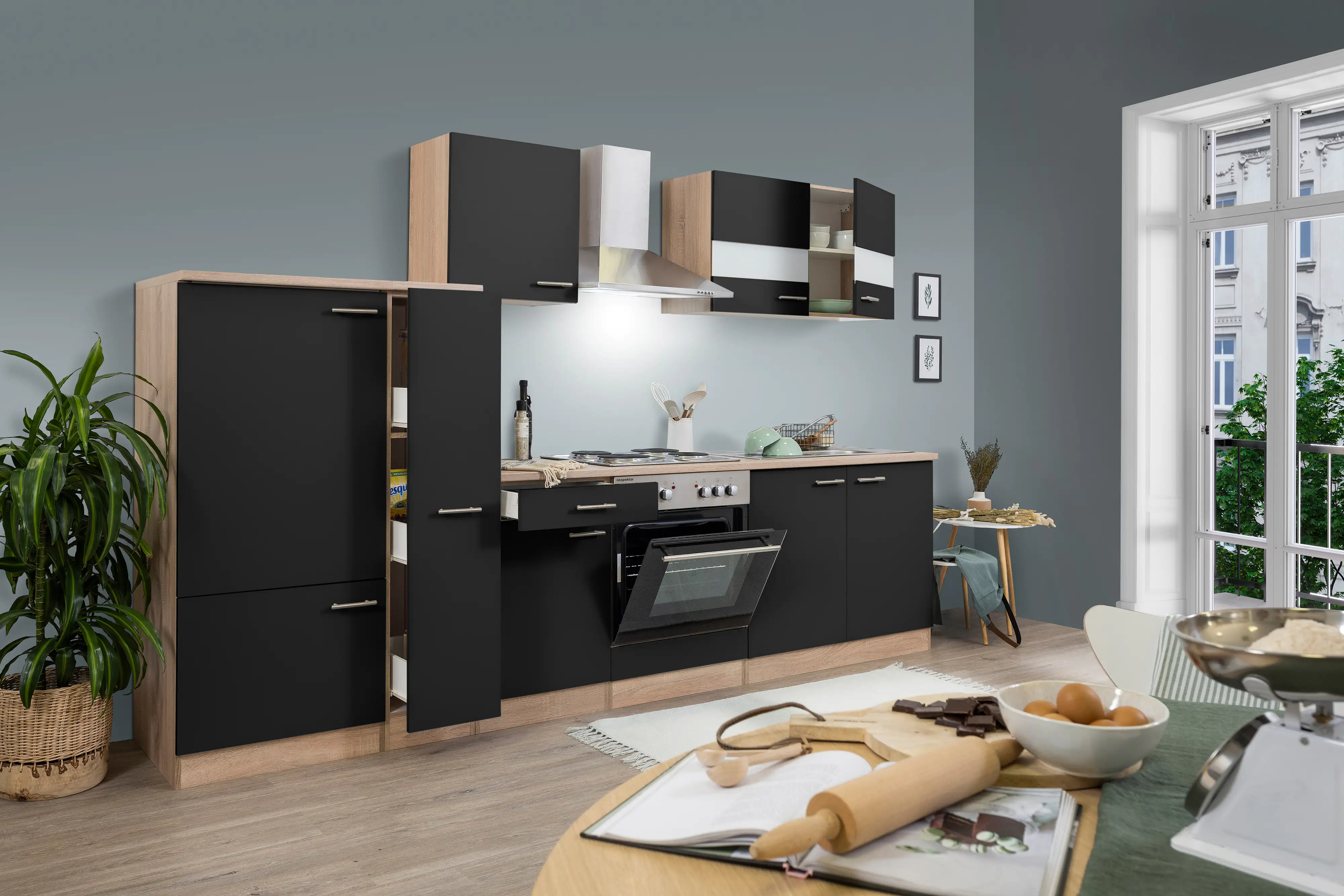 4260344974399_2825409 Respekta Economy Küchenblock 300 cm schwarz, Eiche Sonoma, KB300ESS