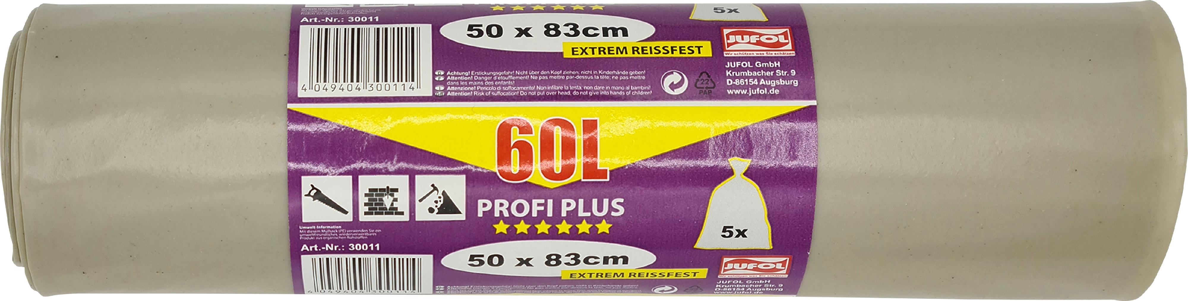 Bauschuttsäcke 60 L ca. 158 my, transluzent 500 x 830 mm, LDPE, 5 Stück/Rolle