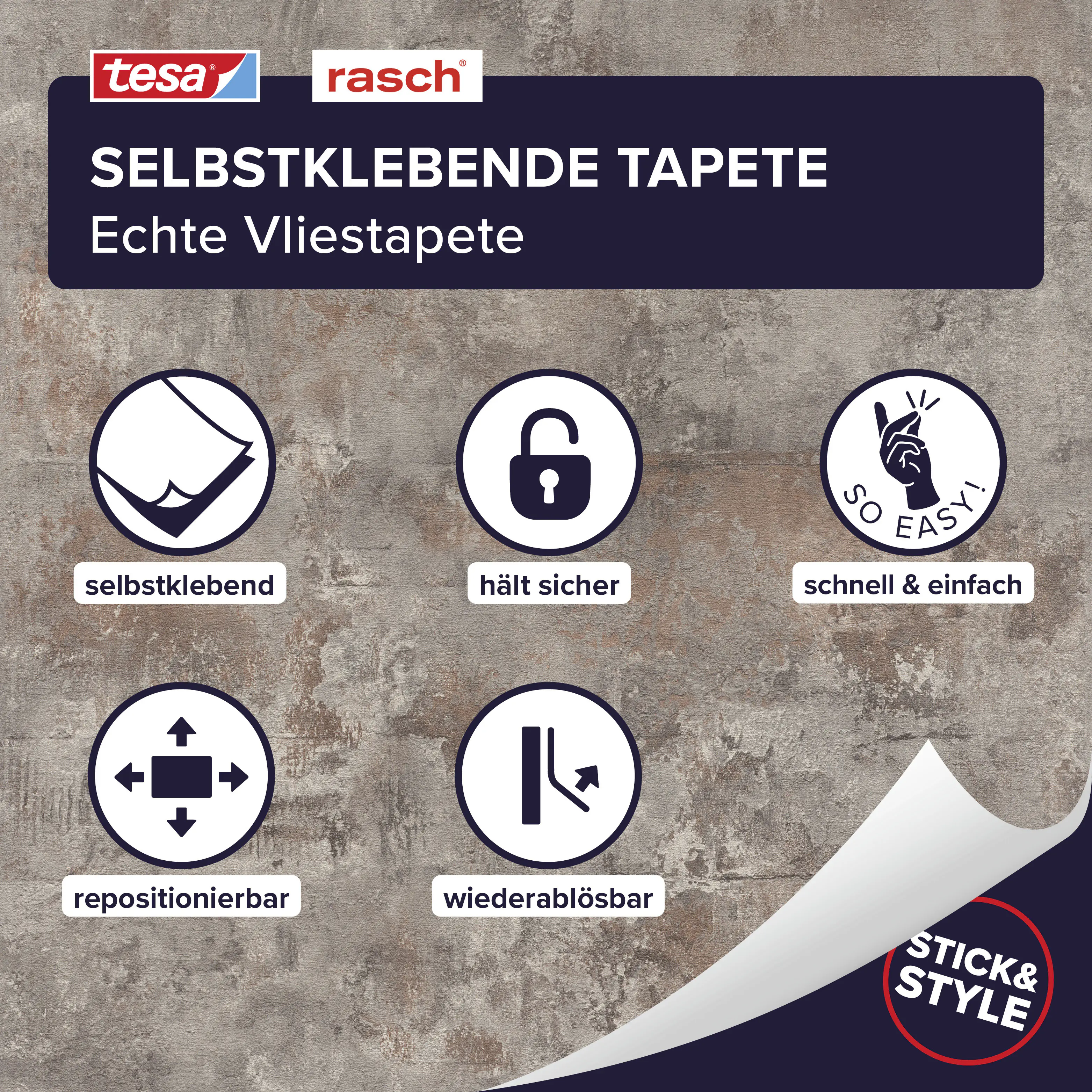 Tesa x Rasch selbstklebende Tapete Atlas Beton grau rost 6 x 0,53 m