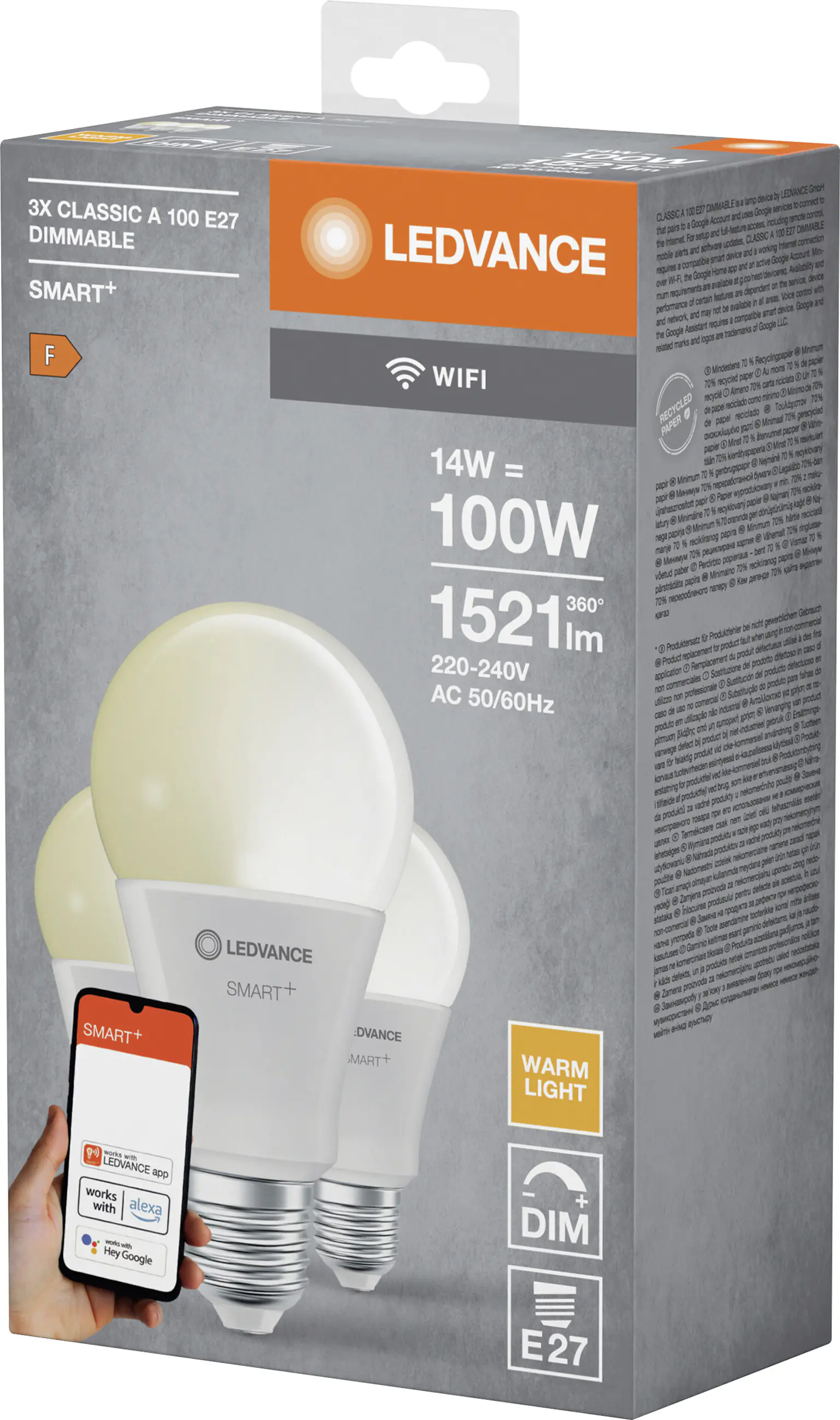 Ledvance LED Leuchtmittel 3er Set Smart+ WiFI A100 E27 14 W dimmbar warmweiß weiß matt 