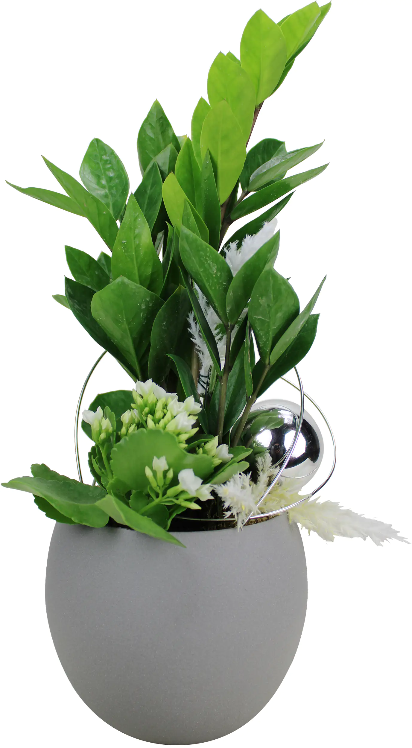 Arrangement mit steinzeuggauem Topf