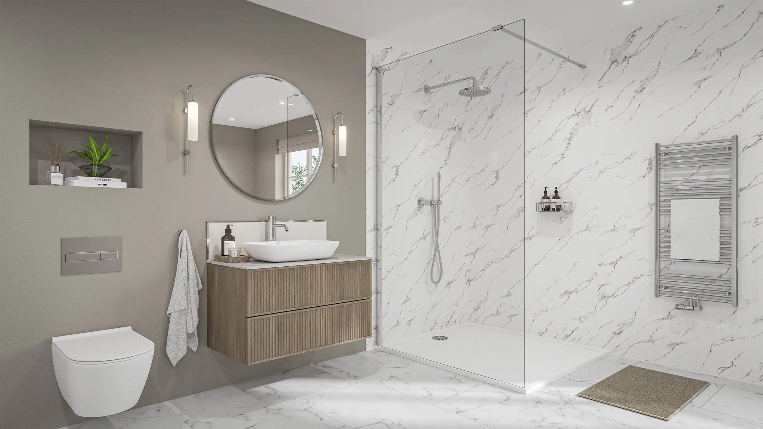 Wetwall Elite Wandpaneel  Bianco Carrara 16 x 242 cm mit abgerundeter Abschlusskante