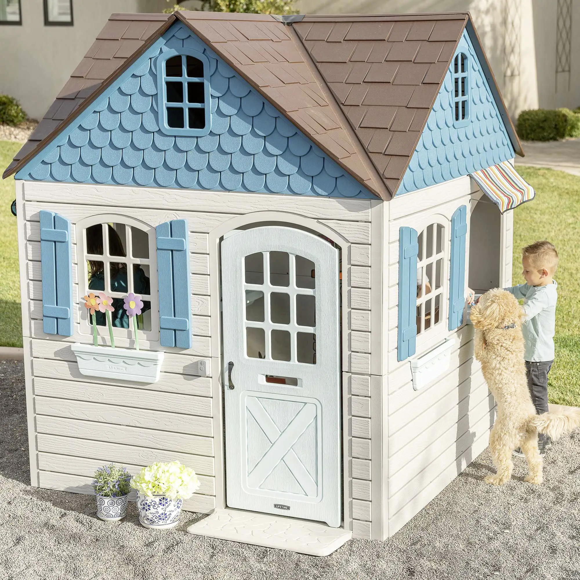 0081483820927_3018932 Lifetime Kinderspielhaus Flipper Gartenhaus Spielgerät lichtgrau blau 186 x 186 cm