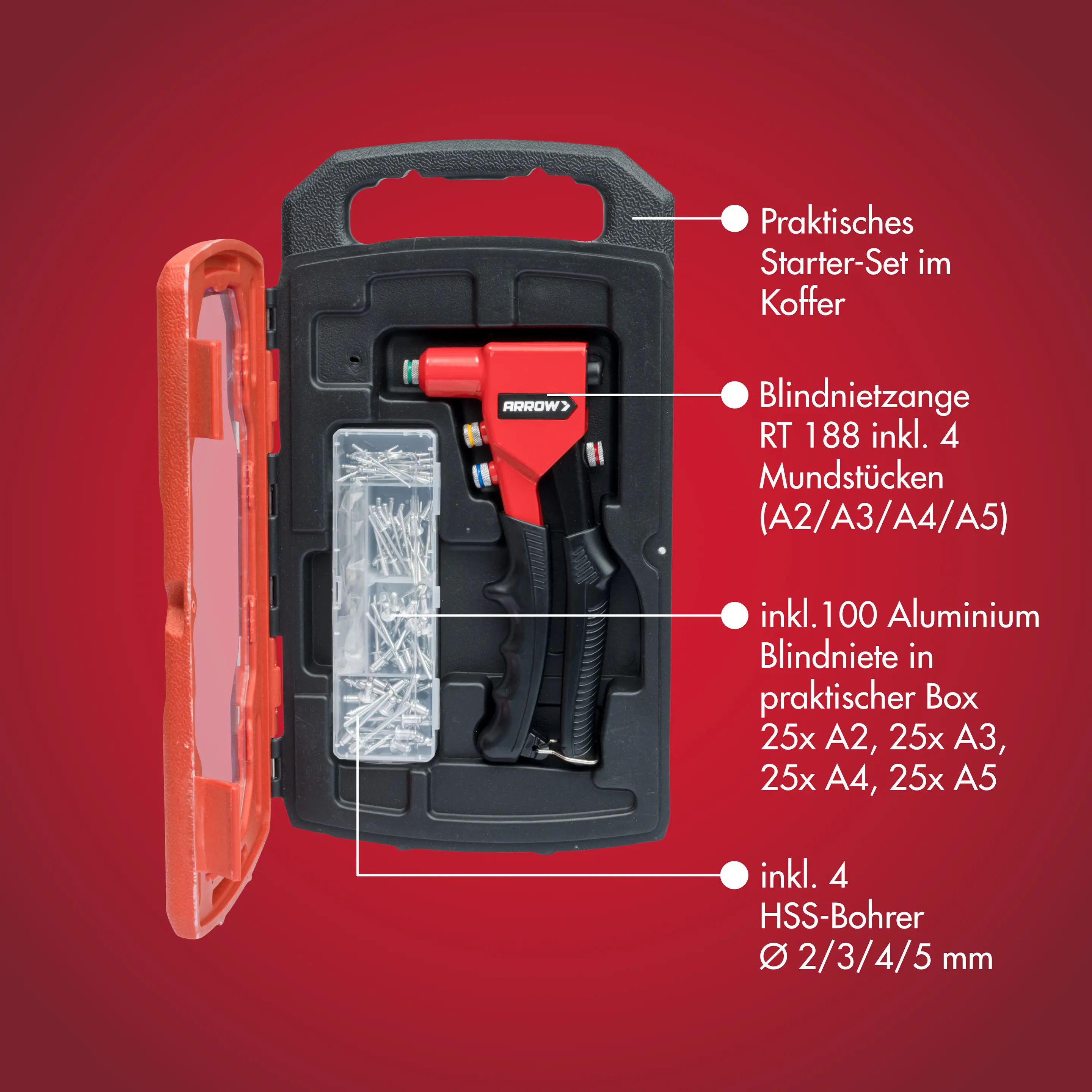 Arrow Blindnietzange RT188 Set 20,8 cm inkl. 100 Nieten, 4 HSS-Bohrer & 4 passende Mundstücke