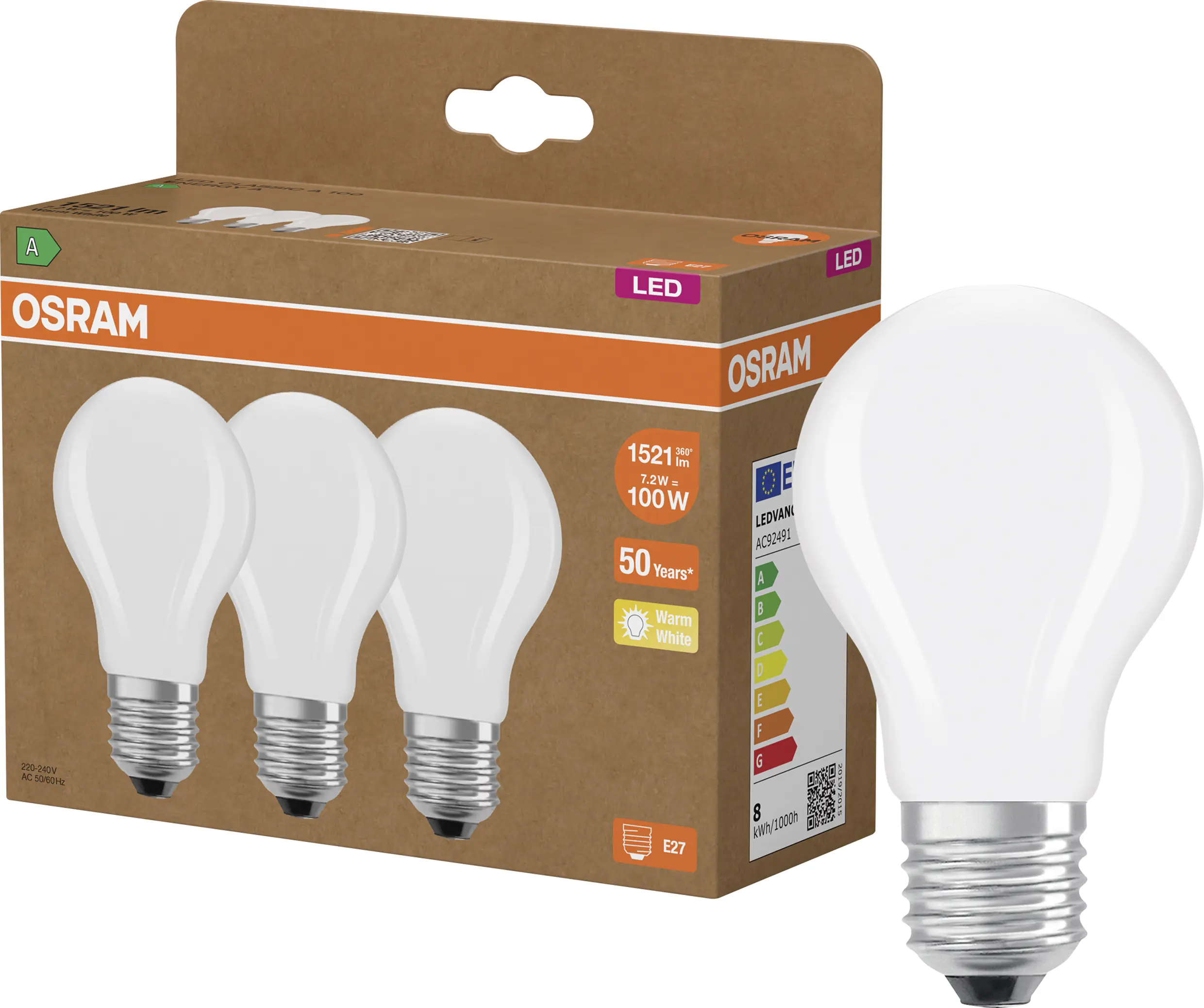 Osram LED Leuchtmittel Classic E27 3er Pack 7,2W matt warmweiß