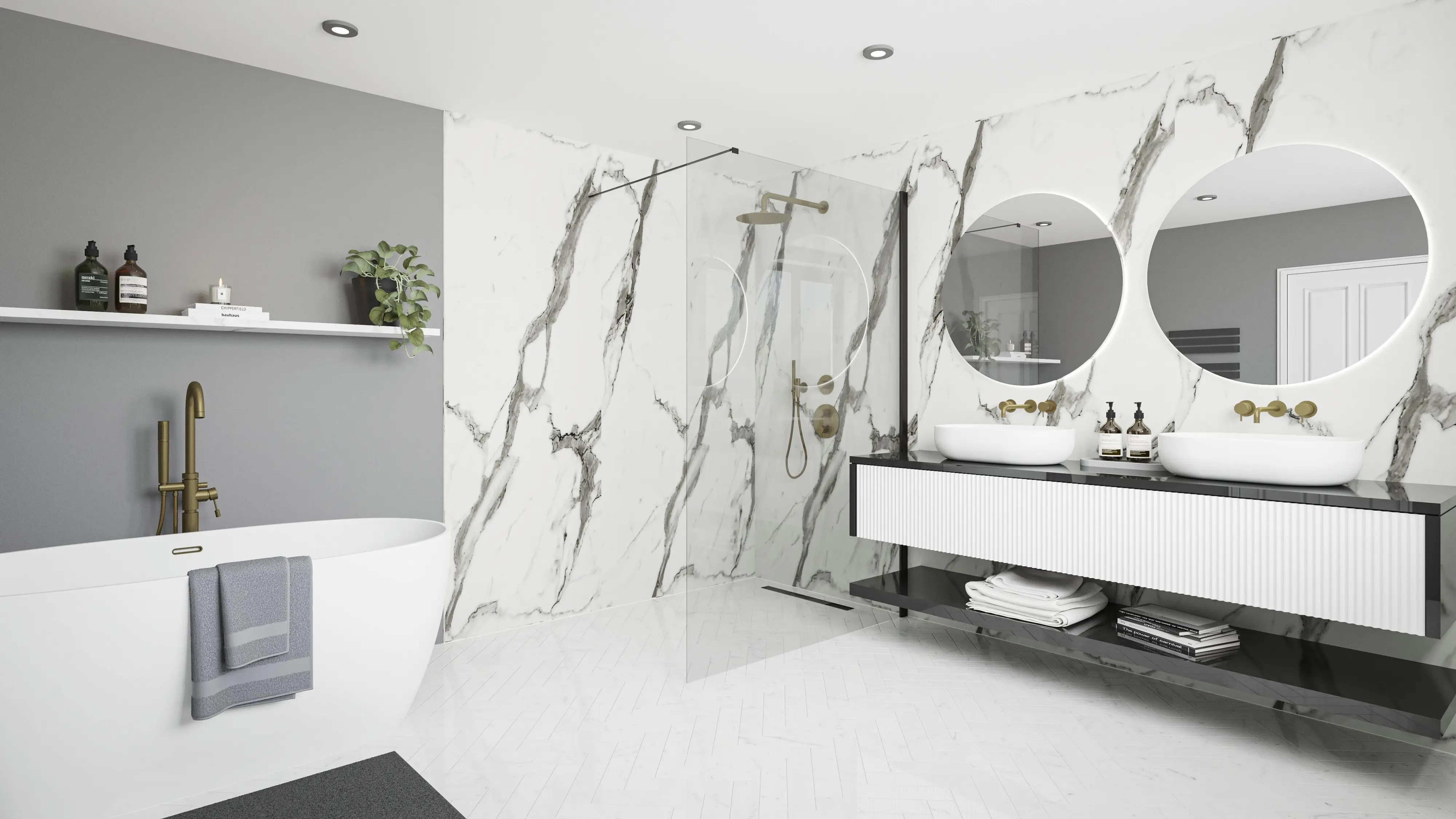 Wetwall Elite Duschrückwand Calacatta Statuario 120 x 242 cm mit abgerundeter Abschlusskante