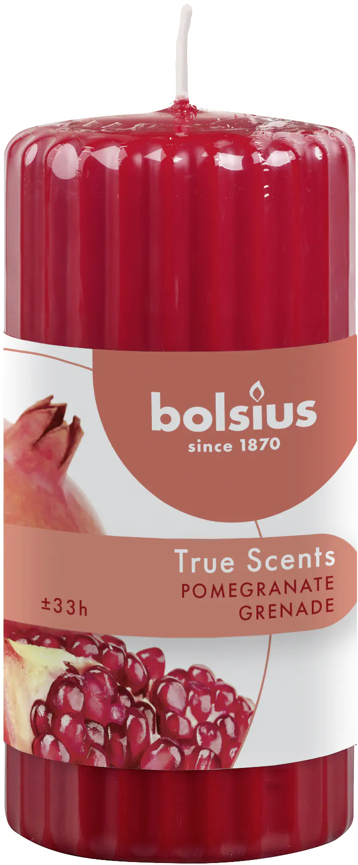 Bolsius True Scents Duft Stumpenkerze geriffelt Granatapfel rot, 12 cm