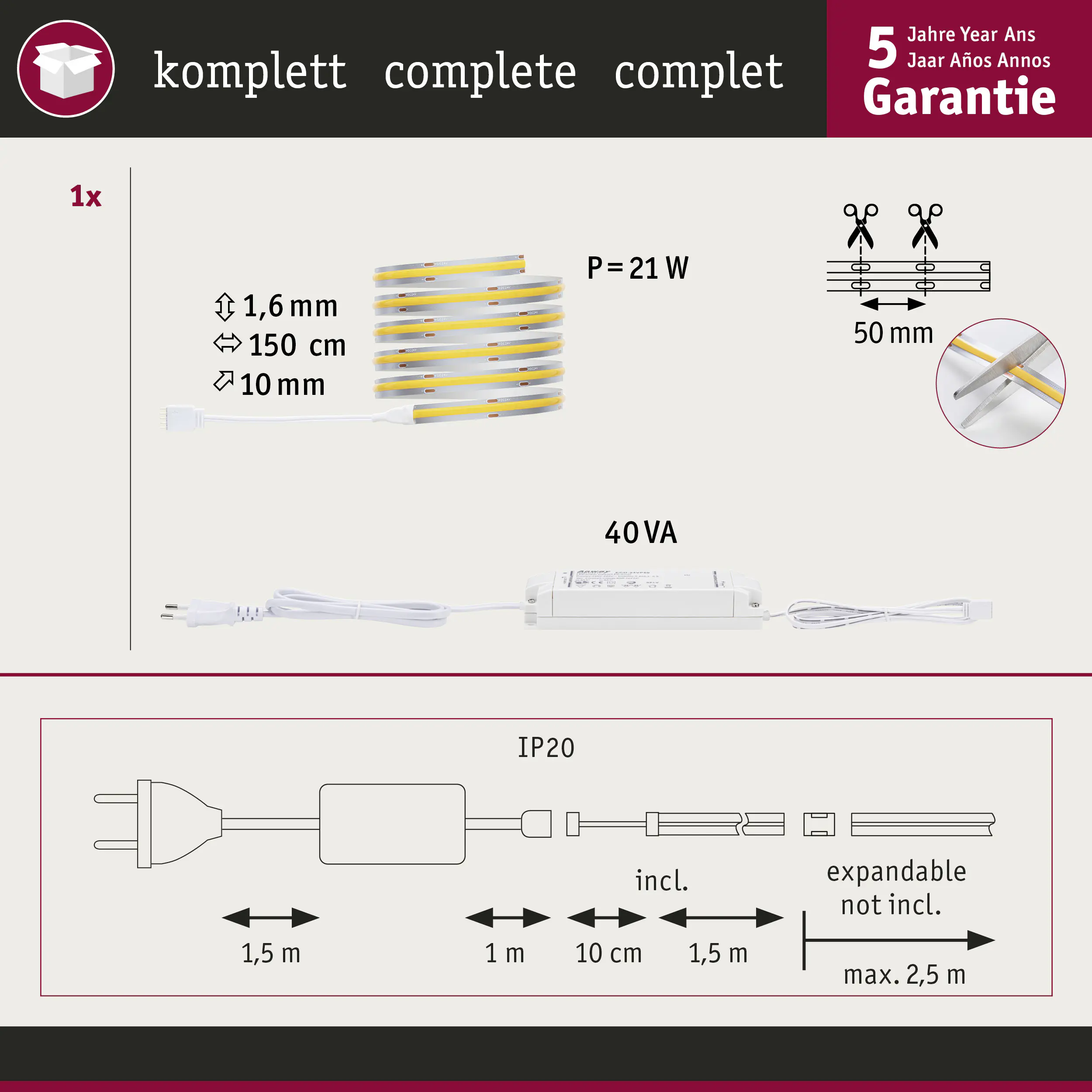 Paulmann MaxLED 1000 Stripe-Basisset 1,5 m warmweiß Full-Line COB silber