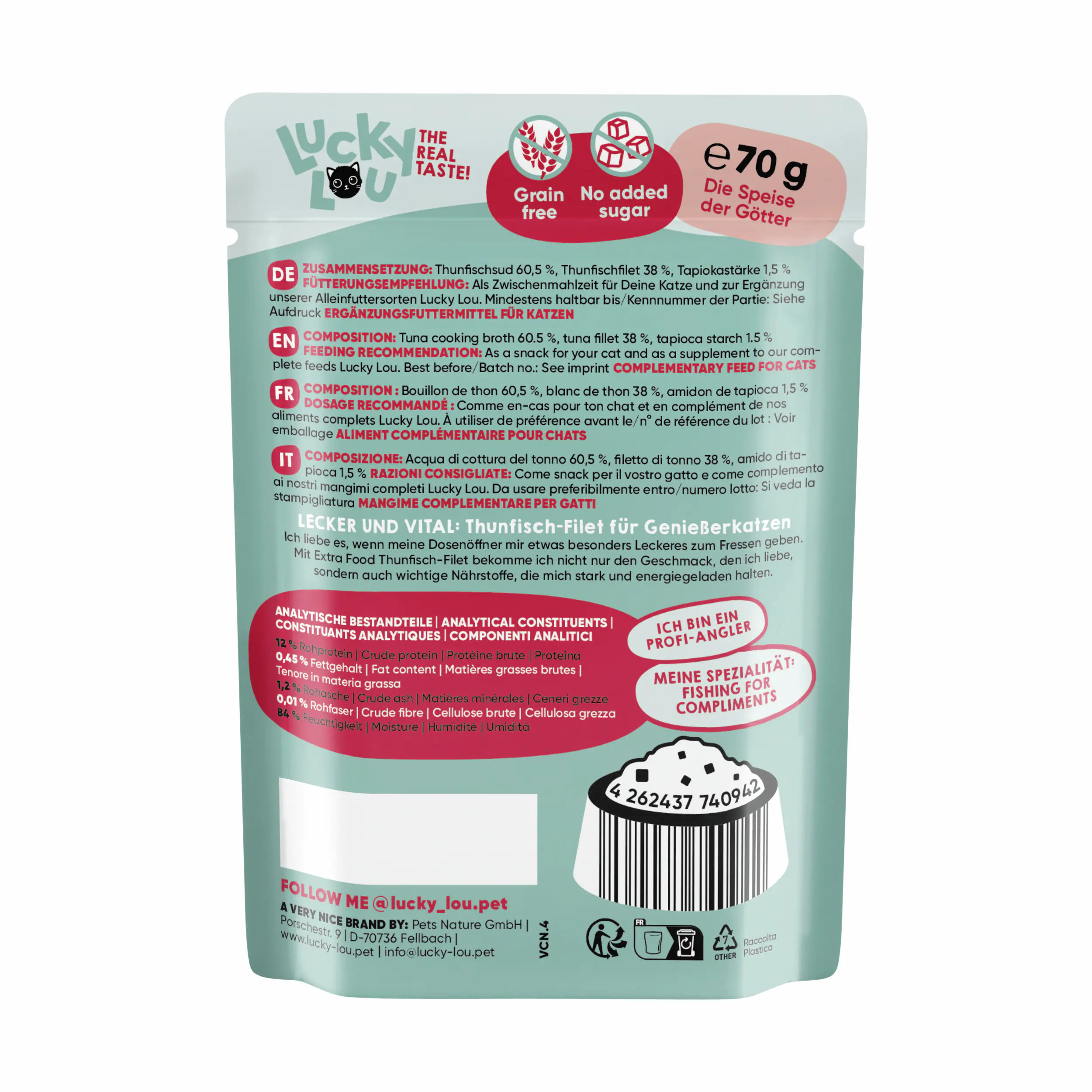 Lucky Lou Extrafood Katzennassfutter Adult getreidefrei 70 g Thunfischfilet in Jelly