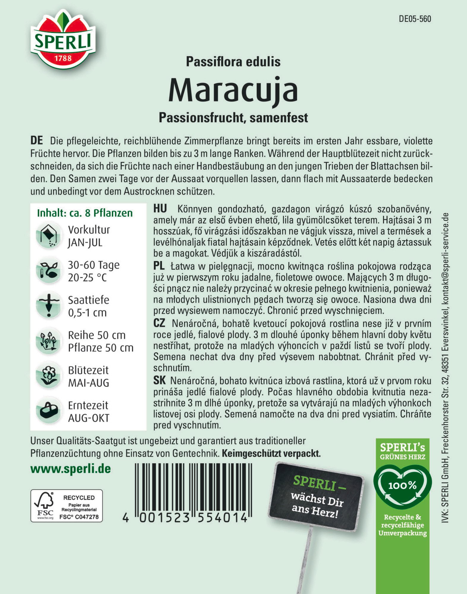 Sperli Saatgut Maracuja Passionsfrucht für ca. 8 Pflanzen