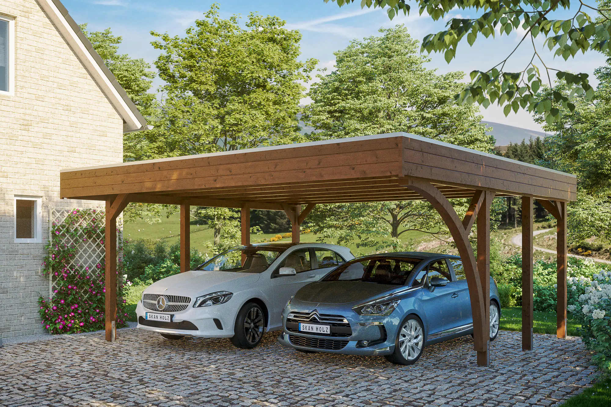 SKAN HOLZ Friesland Carport Set 7 557 x 555 cm, lasiert in Nussbaum