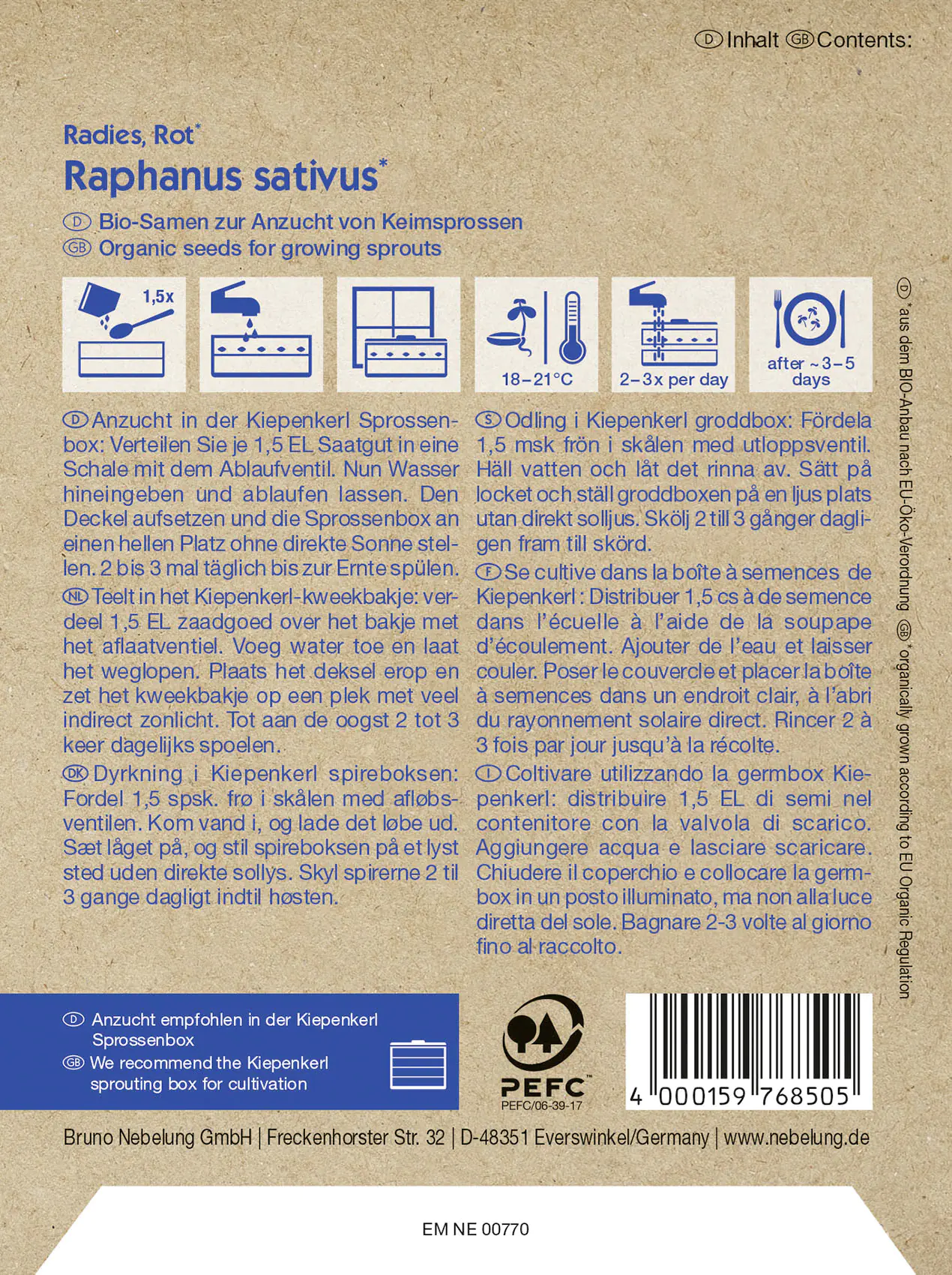 Kiepenkerl BIO Keimsprossen Radieschen rot Raphanus sativus, Inhalt: 30 g