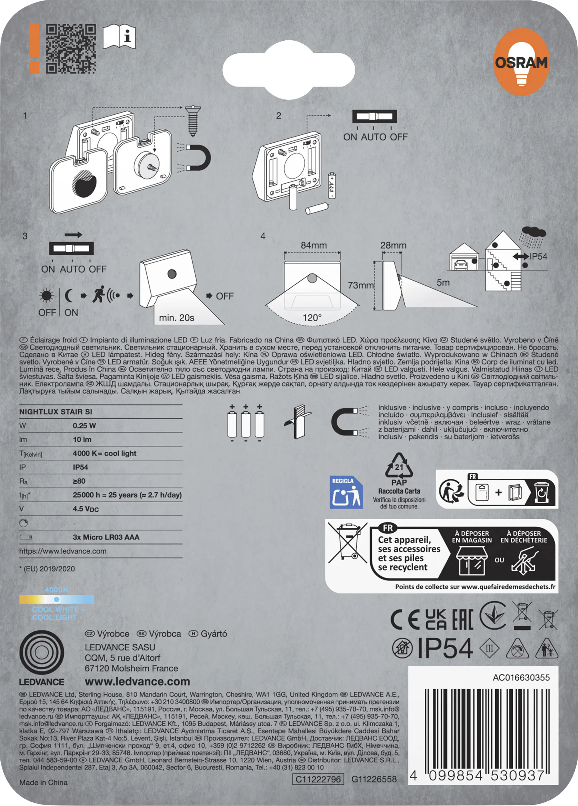 Osram LED-Nachtlicht Nightlux Stair mit Licht- & Bewegungssensor 7,3 cm kaltweiß silber