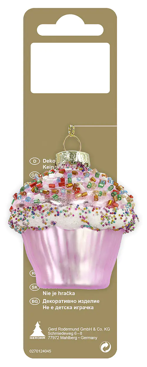 Weihnachtsanhänger Cupcake rosa/bunt aus Echtglas 6 x 6,4 cm Weihnachtsanhänger Cupcake rosa/bunt aus Echtglas 6 x 6,4 cm