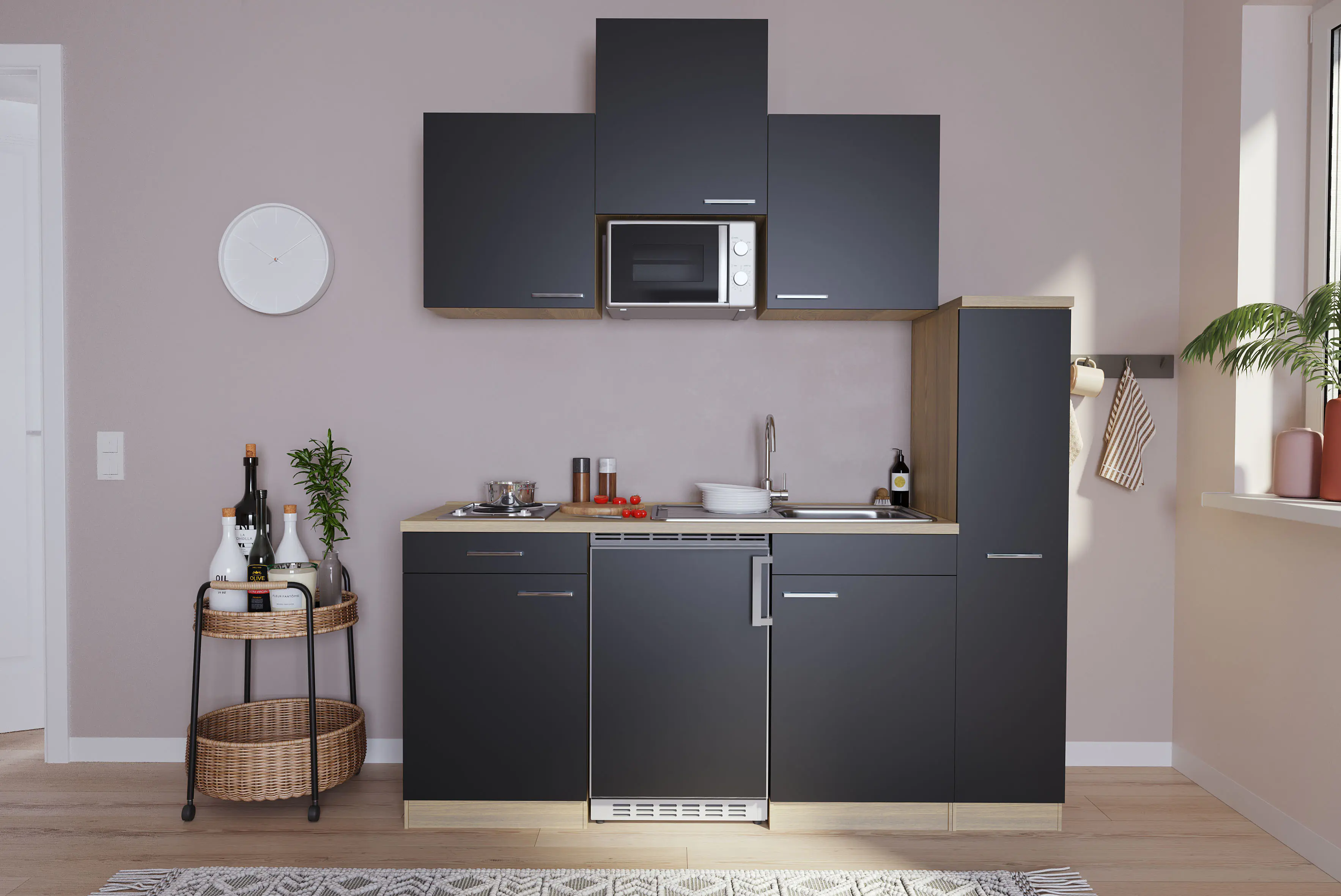 Respekta Economy Küchenblock 180 cm schwarz, Eiche Sonoma, KB180ESSMI