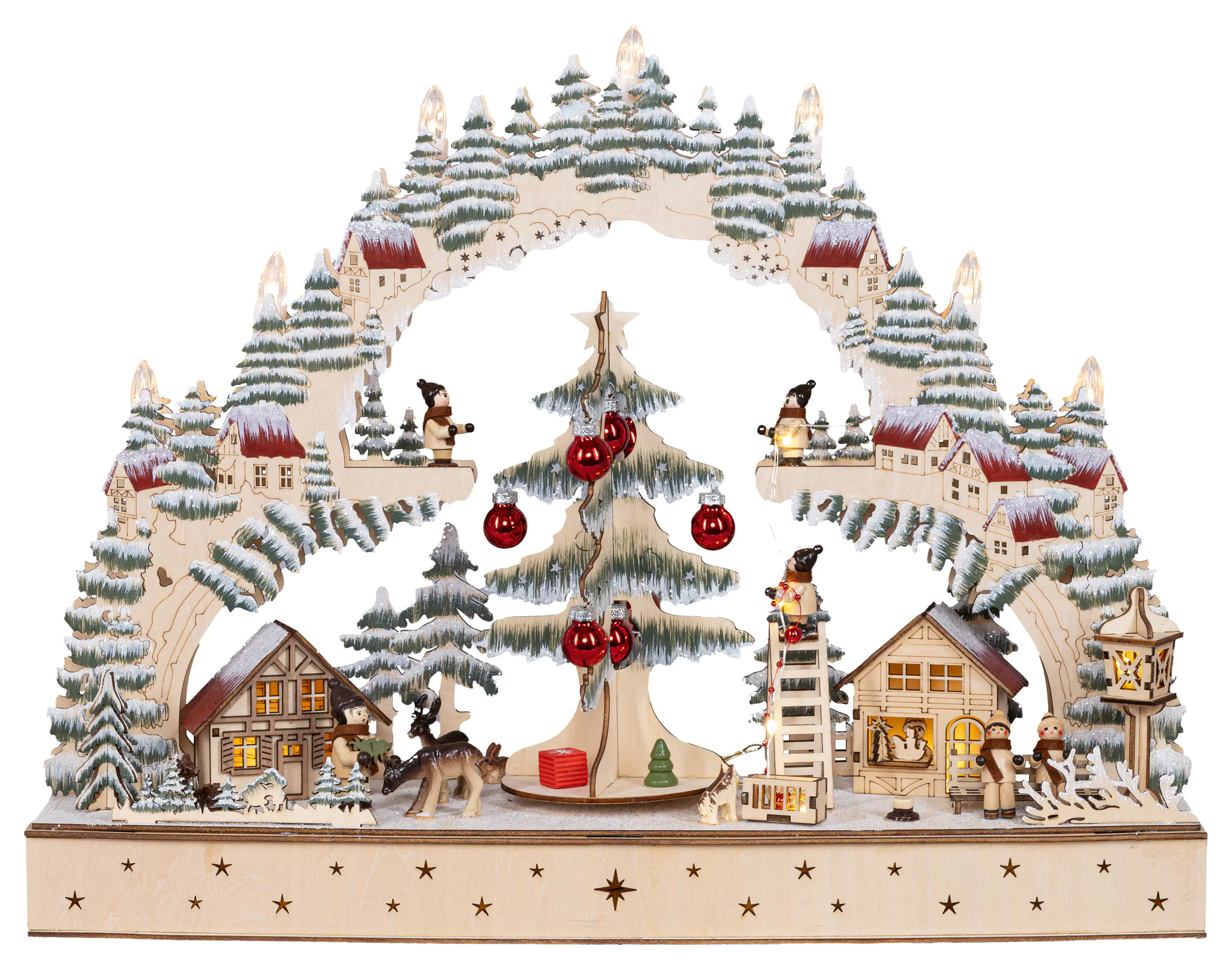 HGD LED-Schwibbogen Weihnachtsdorf mit drehenden Weihnachtsbaum & Timer 10-flammig 50 x 38 cm warmweiß natur/bunt