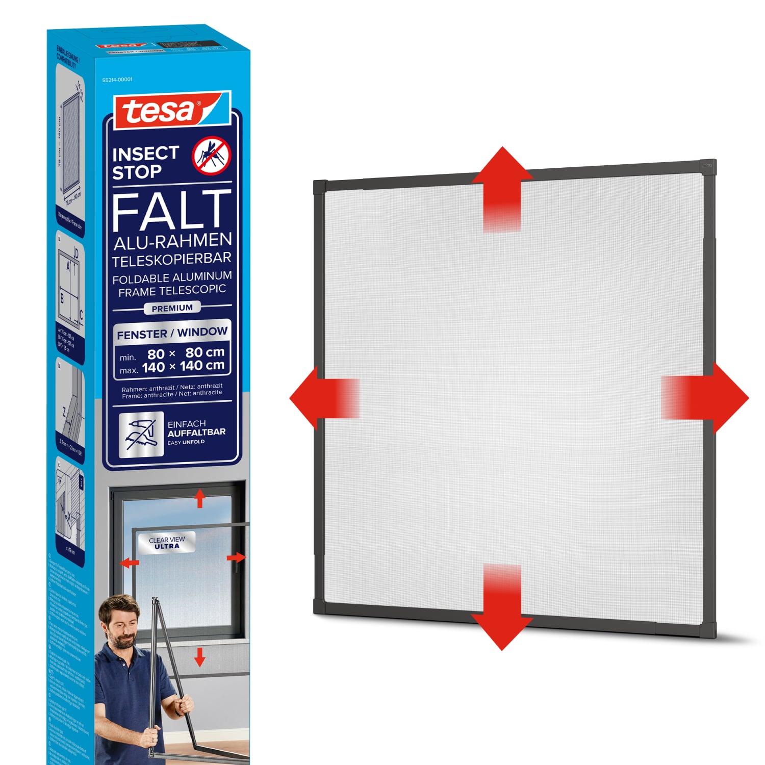 tesa Fliegenschutz-Fenster FALT 80 x 80 - 140 x 140 cm anthrazit/anthrazit