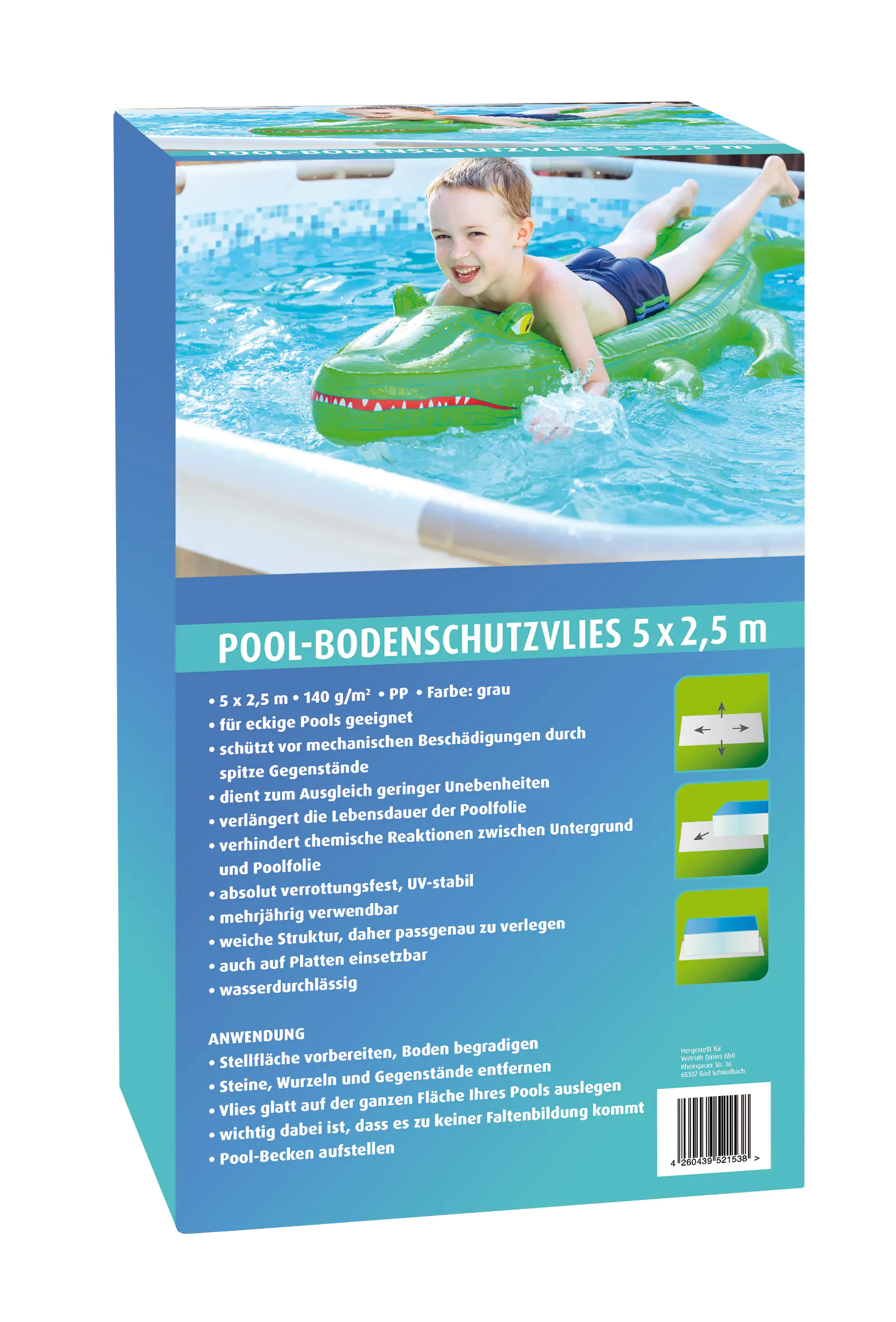 Pool-Bodenschutzvlies grau 5 x 2,5 m 140 g eckig