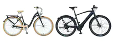Zwei Fahrräder nebeneinander auf weißem Hintergrund: links ein klassisches Damenfahrrad mit Gepäckträger, rechts ein modernes schwarzes E-Bike mit Mittelmotor.