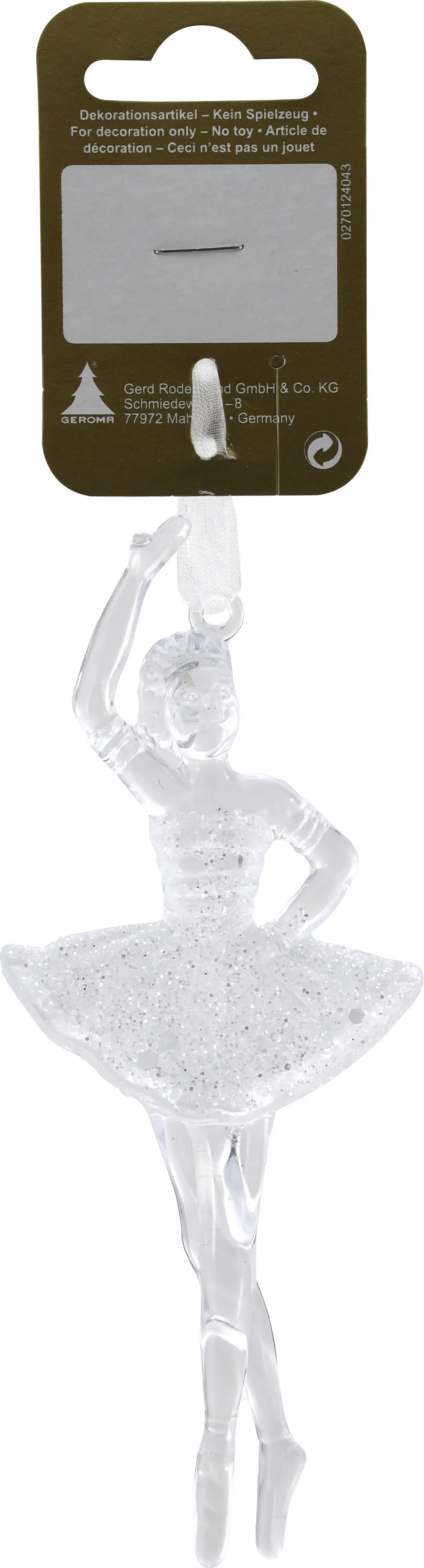 Weihnachtsanhänger Ballerina aus Kunststoff 12 x 5,5 cm weiß mit Glitter