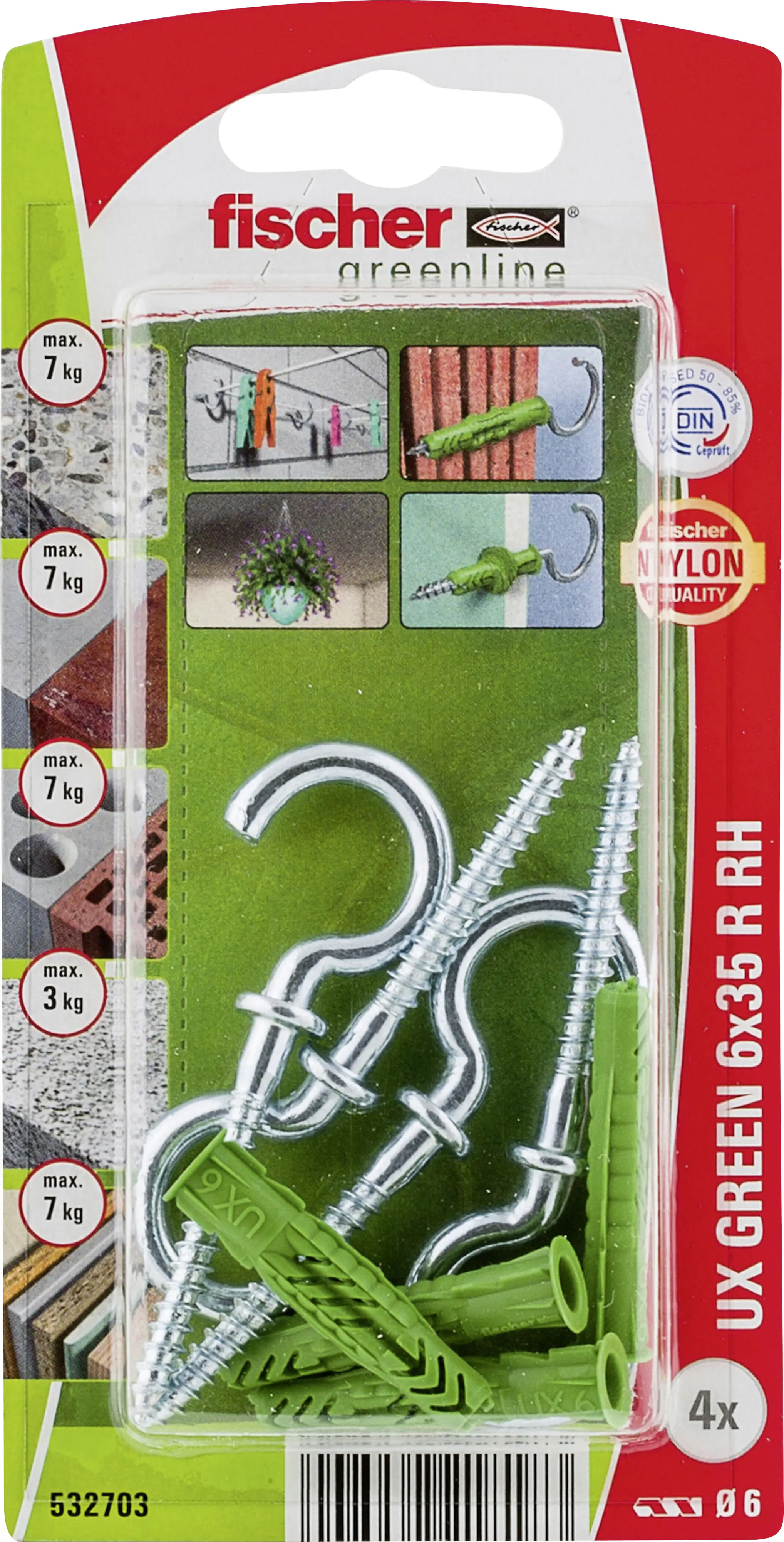 Fischer Universaldübel UX Green R RH 6 x 35 mm mit Rand & Rundhaken - 4 Stück