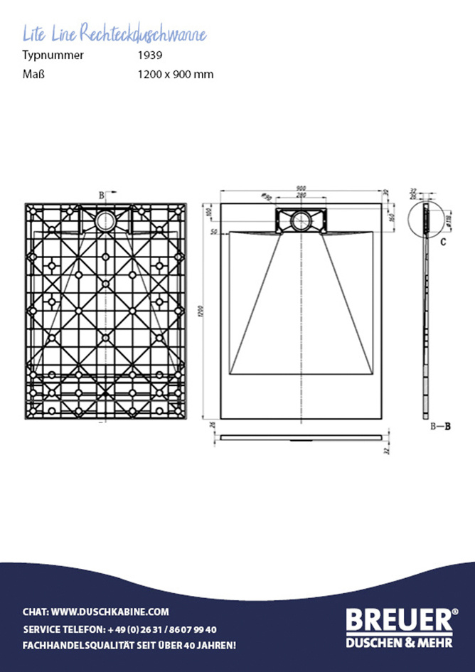 Breuer Duschwanne rechteck Lite Line Steinoptik anthrazitgrau 90 x 120 cm