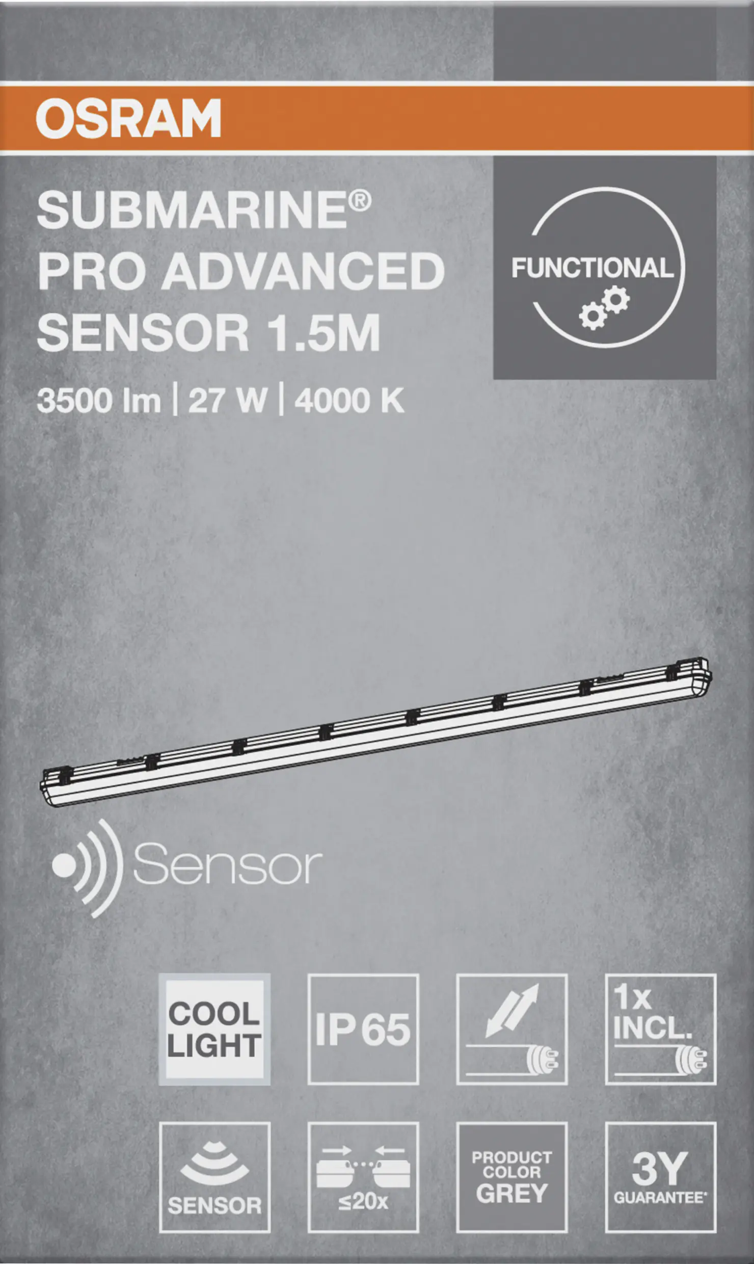Osram Feuchtraumleuchte Submarine Pro Adv 27 W grau neutralweiß mit Bewegungssensor