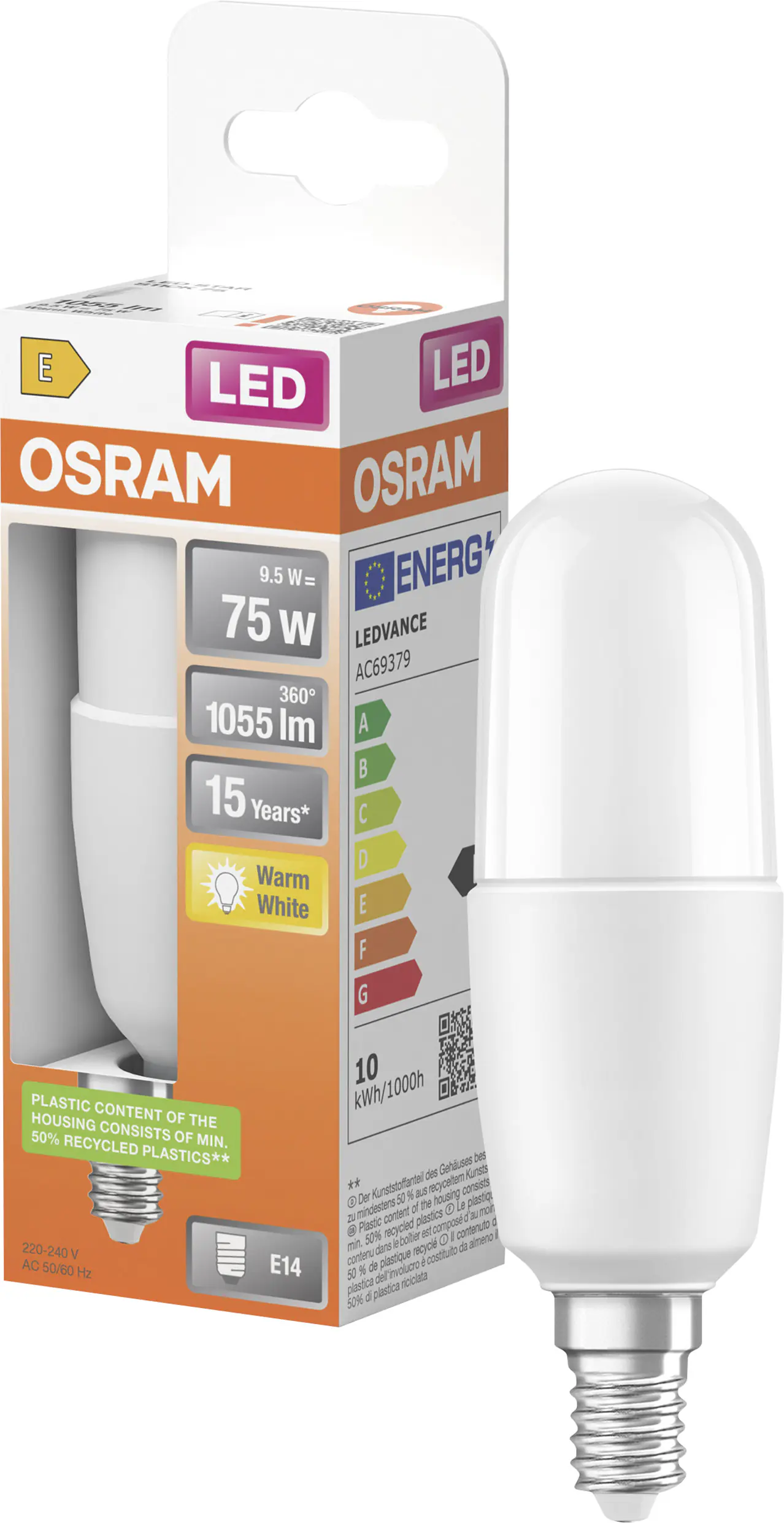 Osram LED Leuchtmittel Star Stick E14 9 W warmweiß, weiß matt