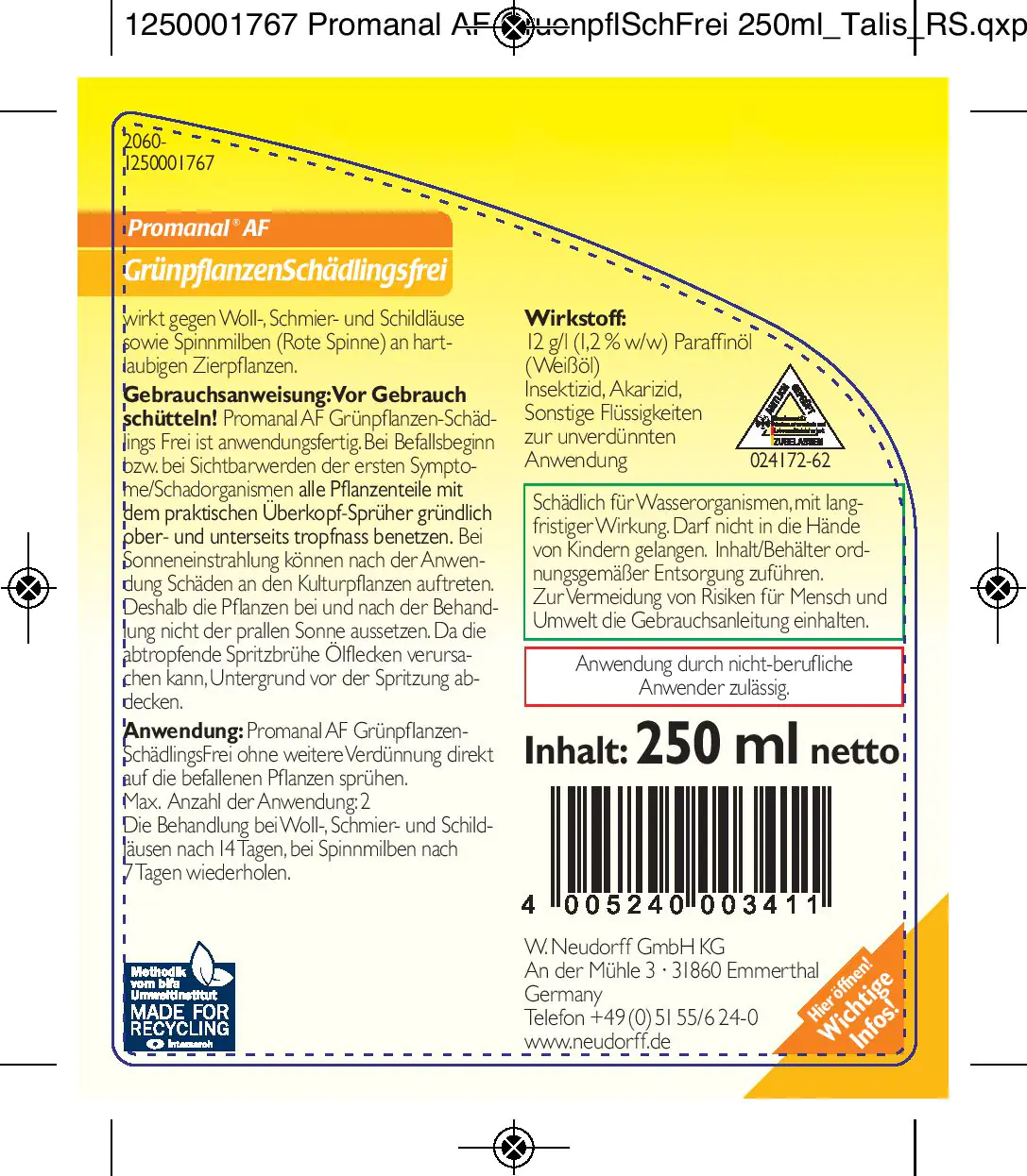 Promanal AF GrünpflanzenSchädlingsFrei 250 ml