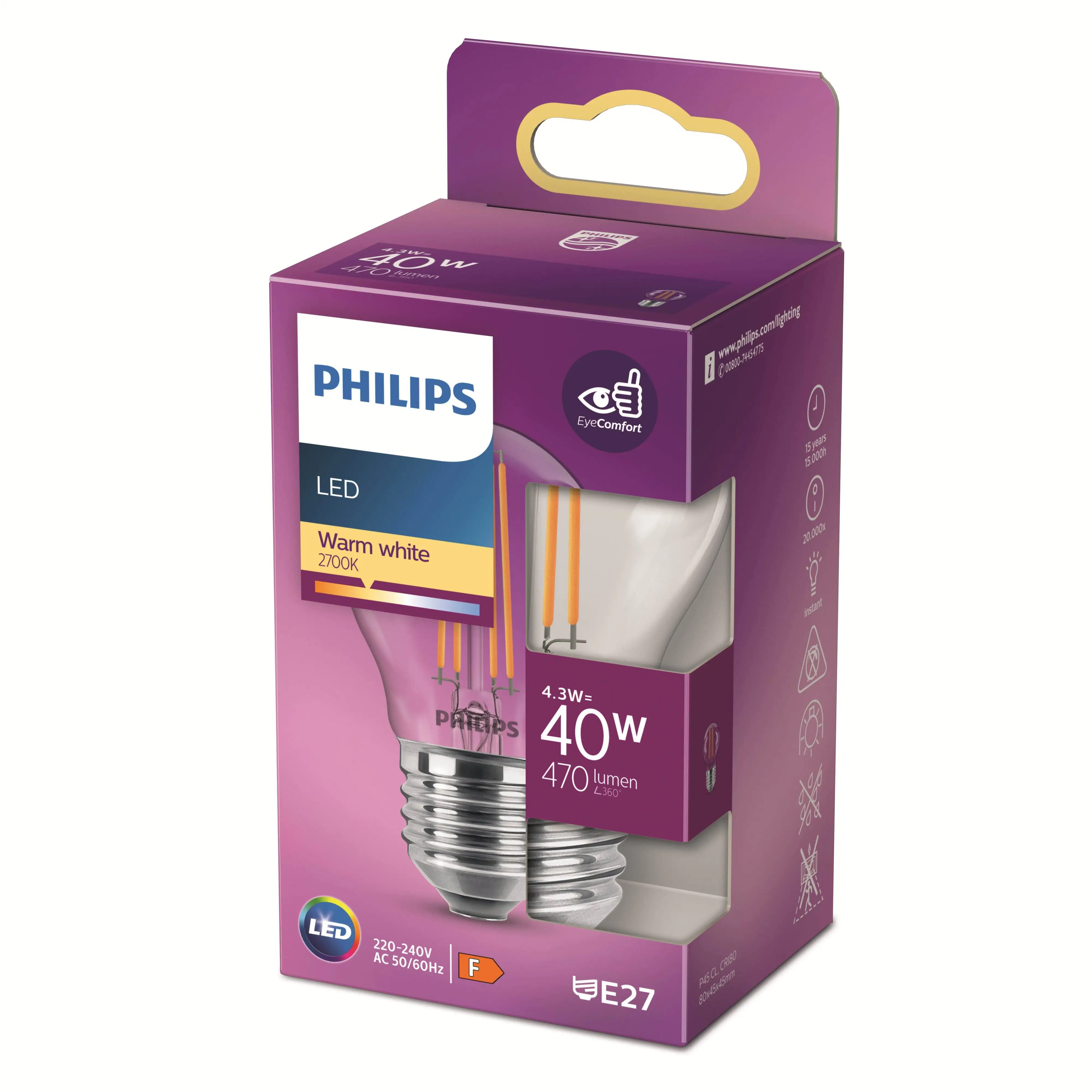 Philips LED-Leuchtmittel Filament Tropfenform P45 E27 4W warmweiß