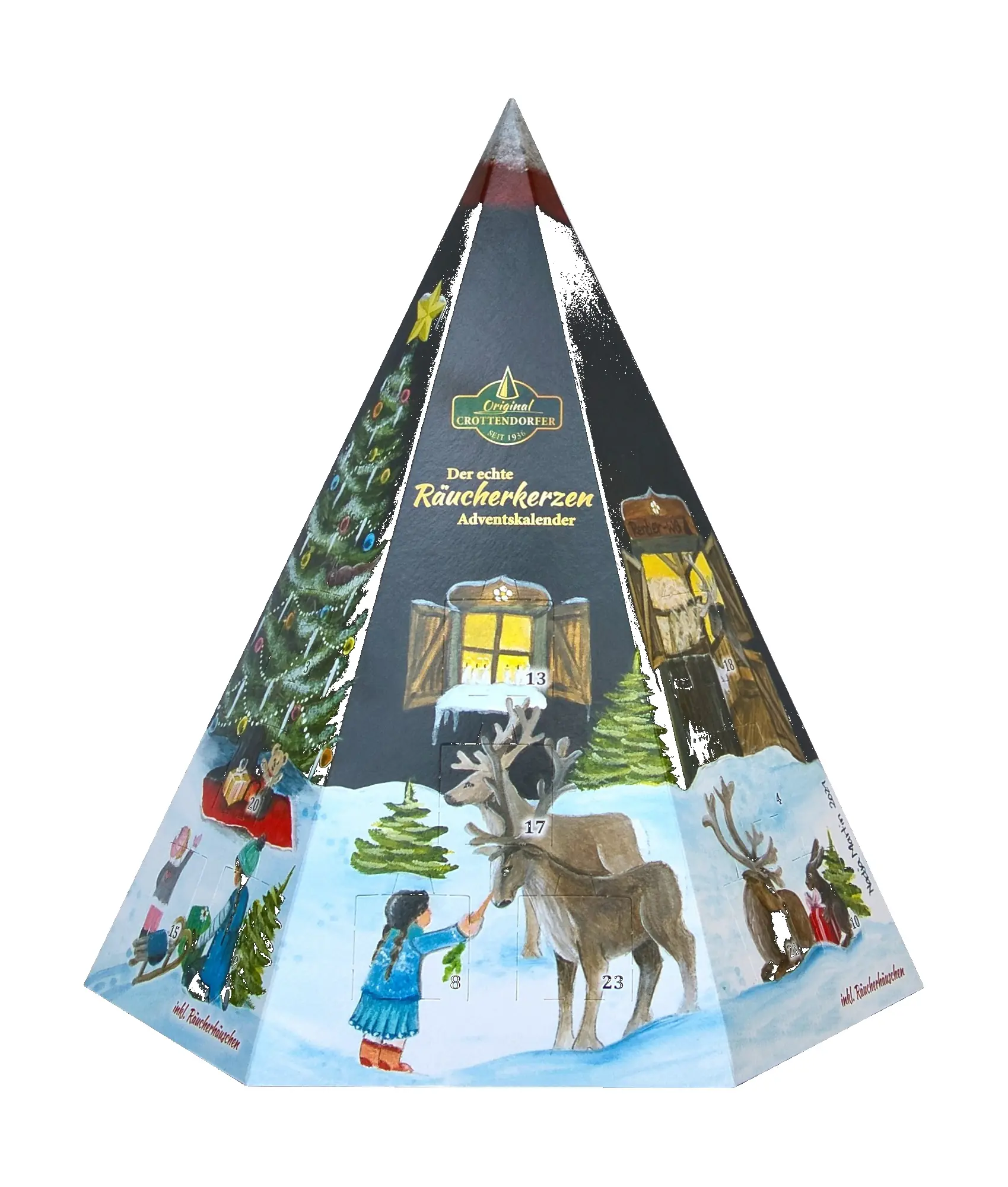 Crottendorfer Adventskalender Räucherkerzen mit Metall-Räucherhaus & 24 Räucherkerzen