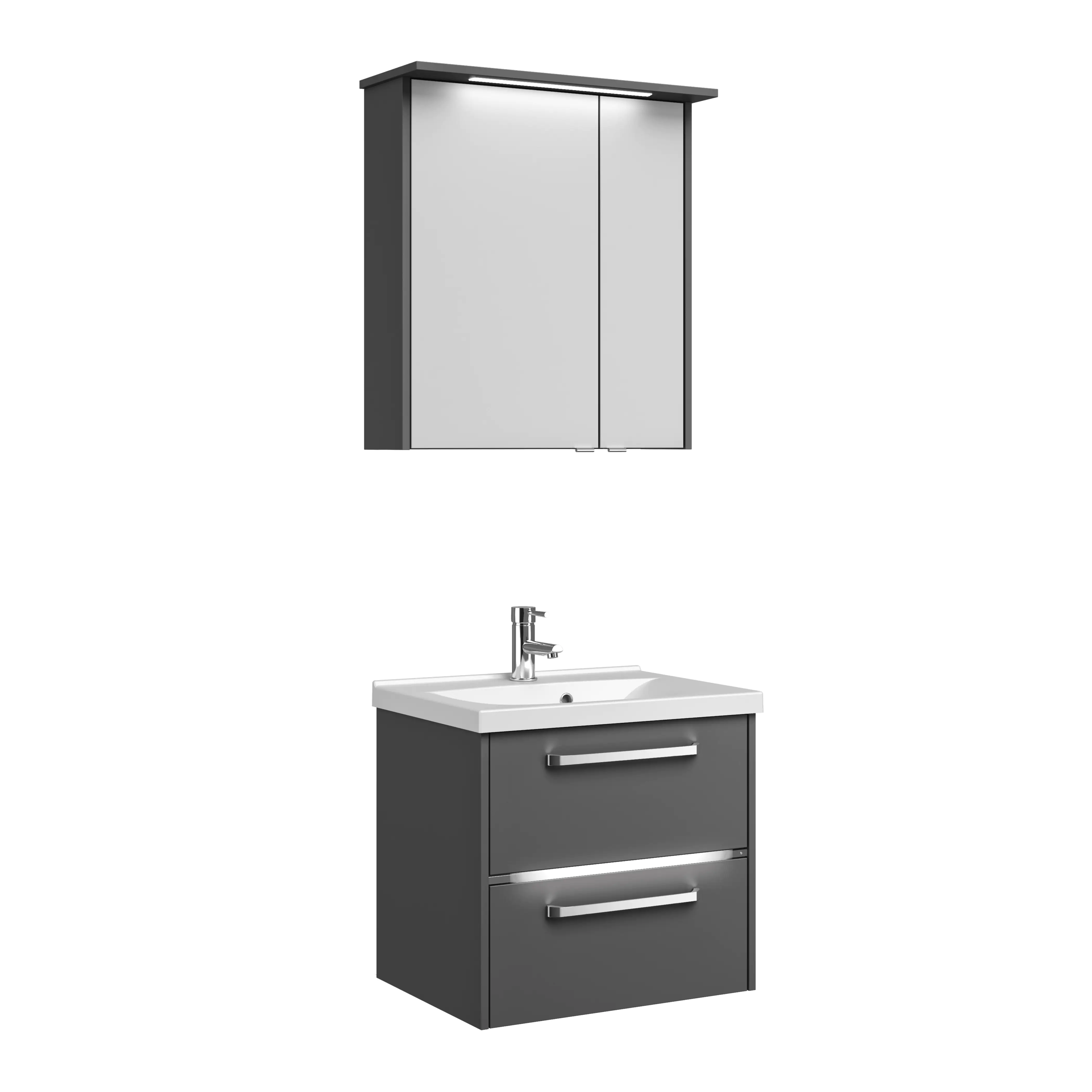 Primaster Badmöbel-Set Berlin grau 65 cm Twin LED, Mineralgusswaschtisch