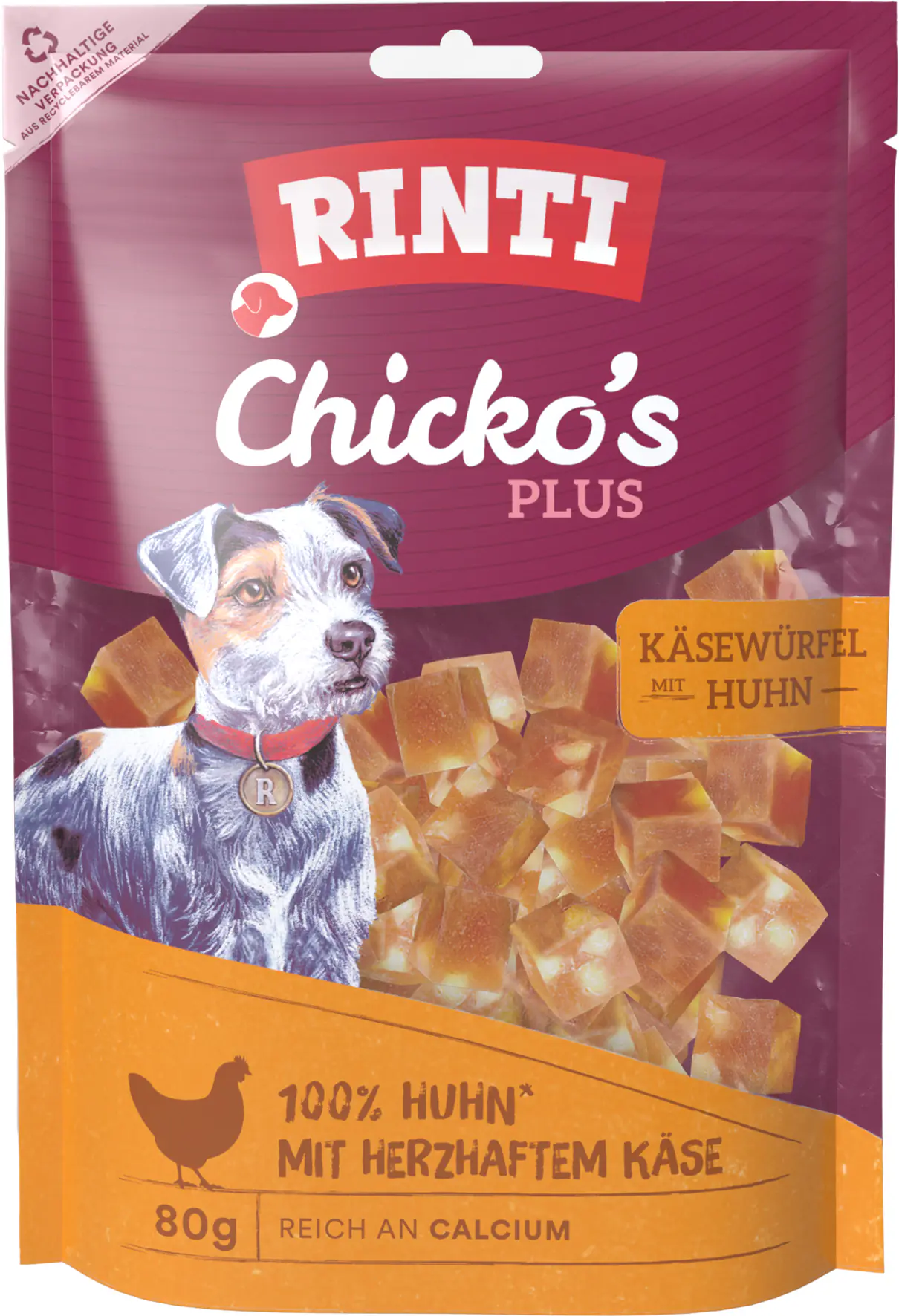 Rinti Chicko Plus Hundesnack Käsewürfel mit Huhn 80g