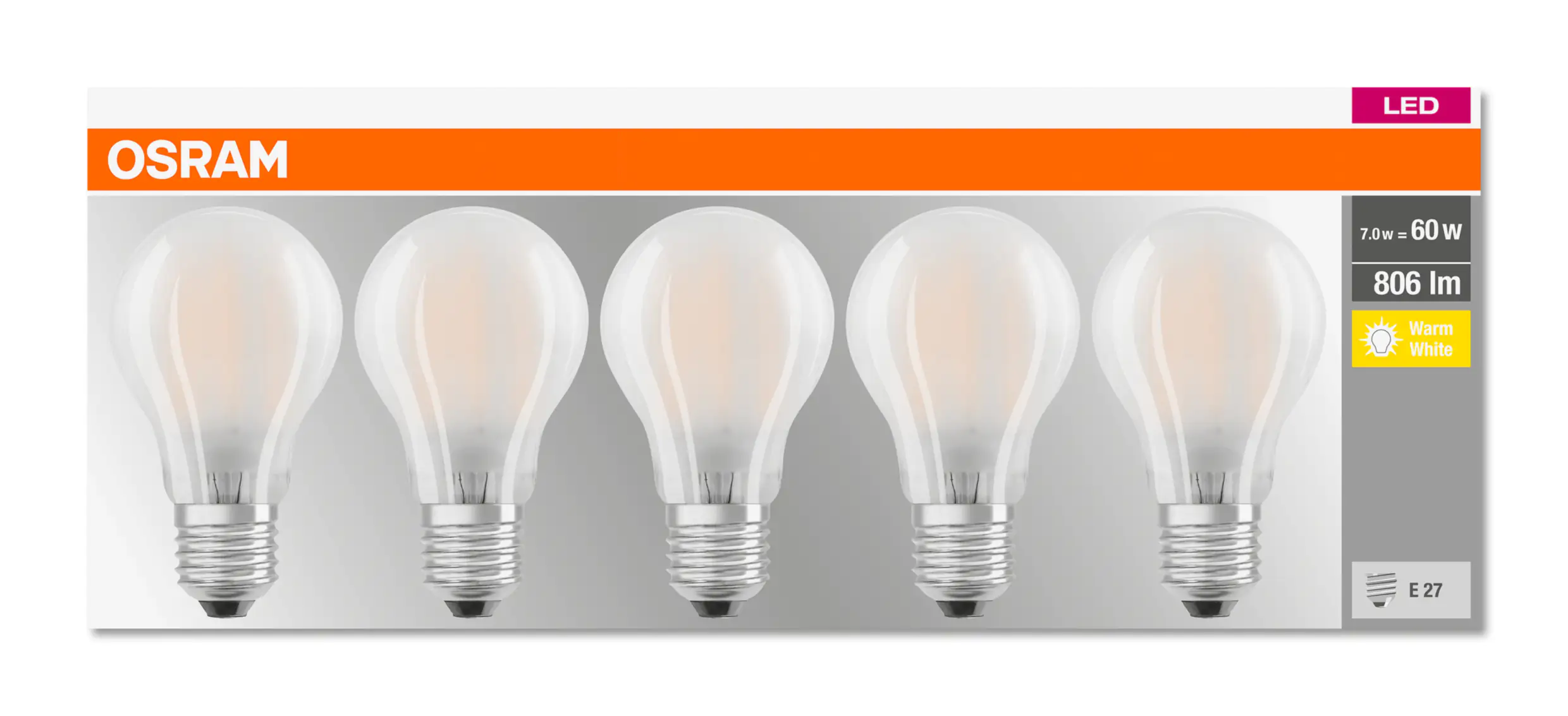 Osram LED Leuchtmittel Classic 5er-Pack E27, 7W, warmweiß, weiß matt