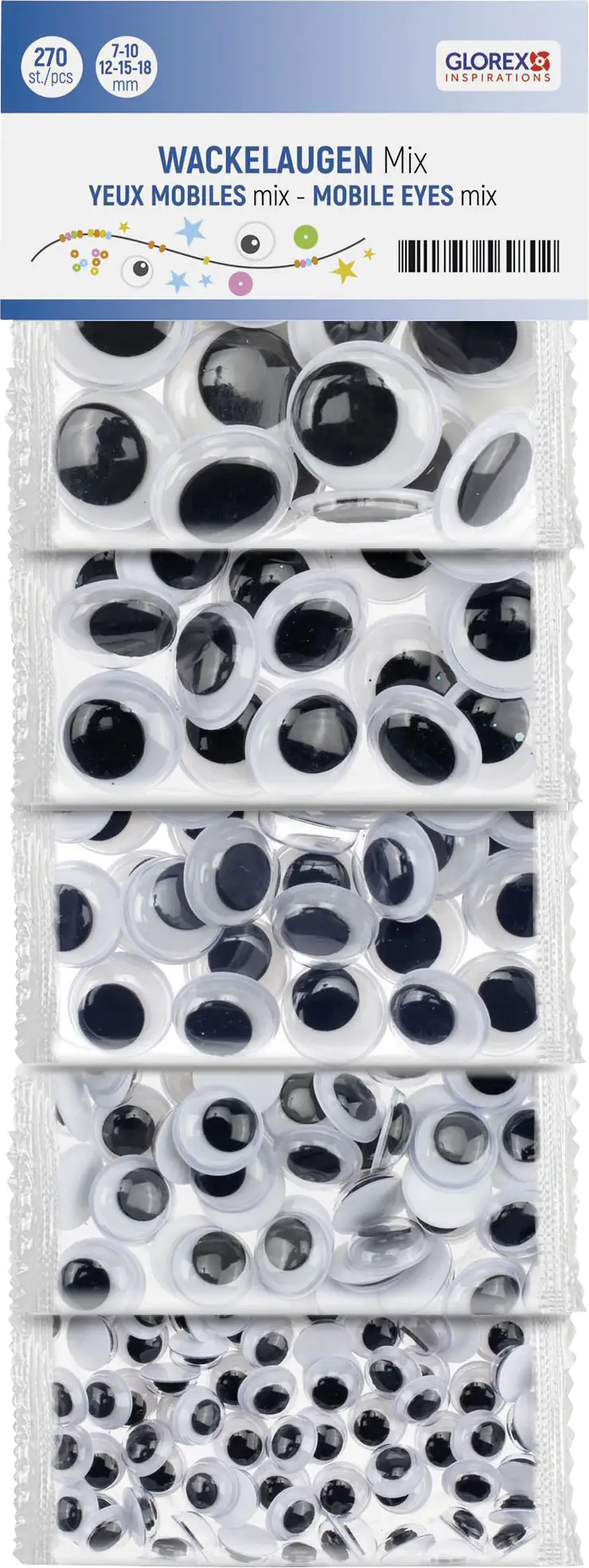 Glorex Wackelaugen mix 7,10,12,15,18 mm, 270 Stück