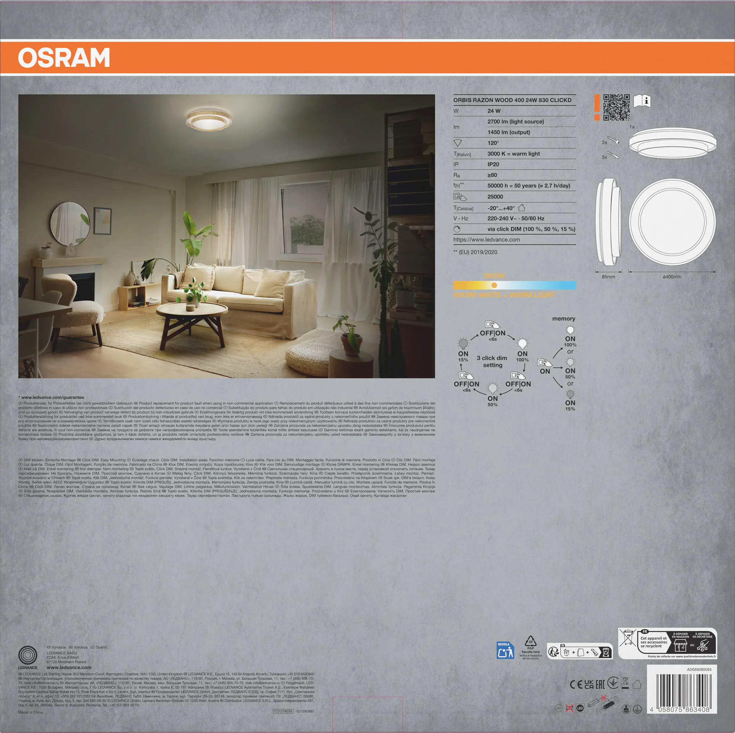 Osram LED-Deckenleuchte Orbis Razon Wood Ø40 cm 24W Holzdekor dimmbar