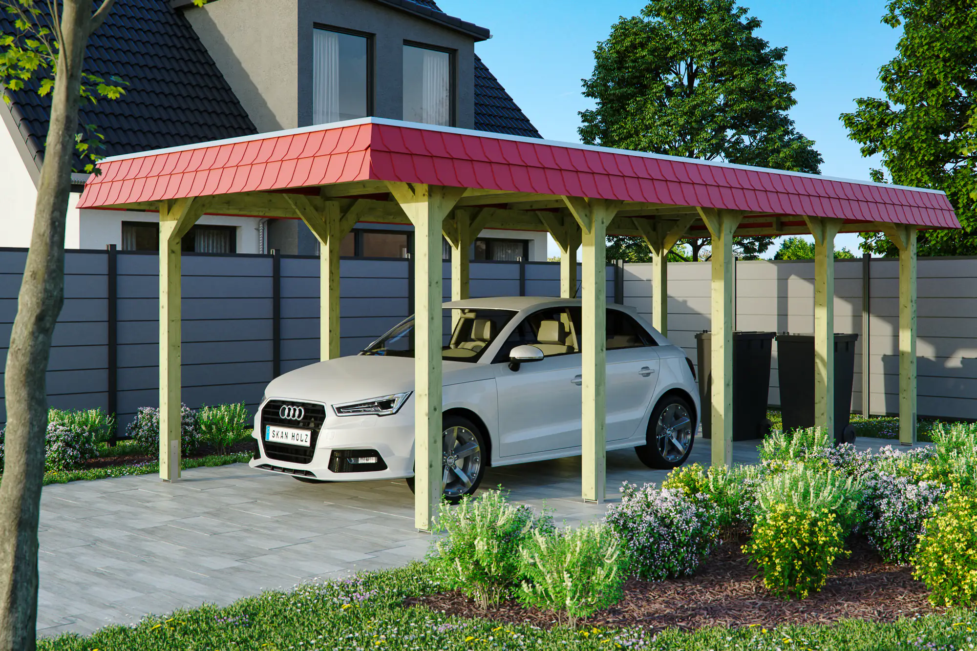 SKAN HOLZ Carport Spreewald 345 x 741 cm mit Aluminiumdach, rote Blende