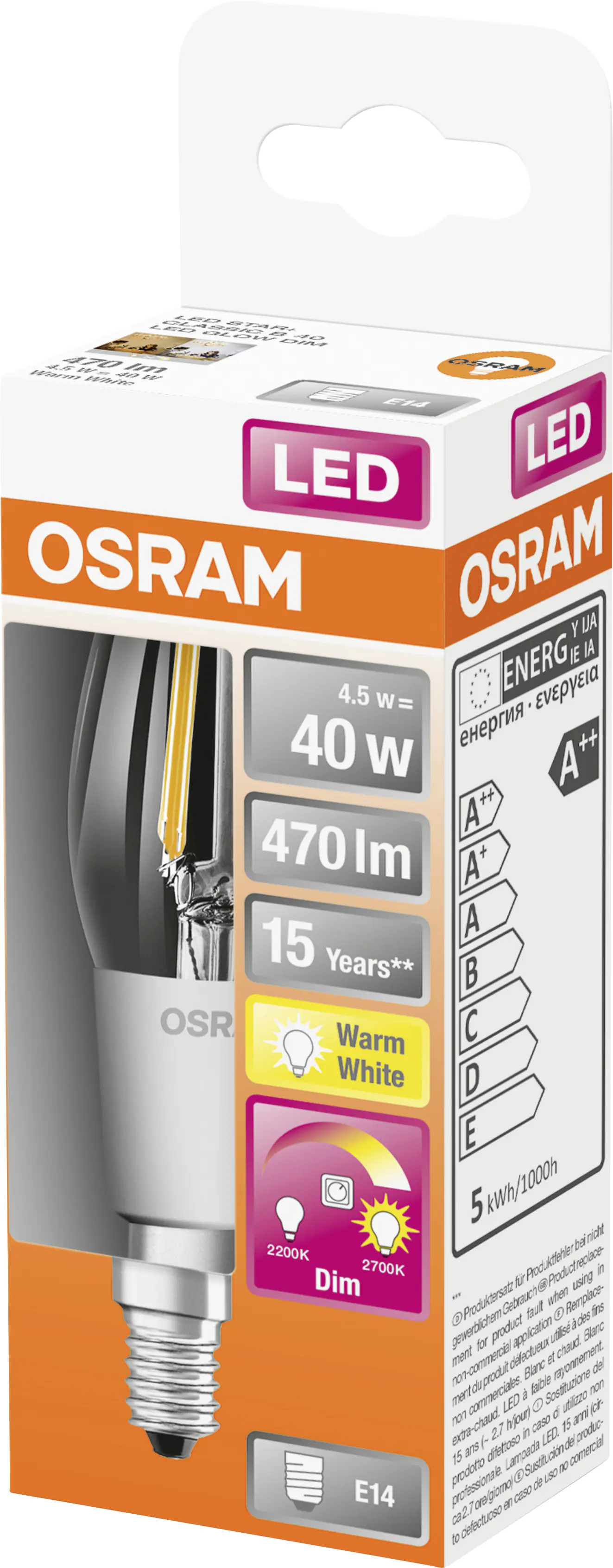 Osram LED Leuchtmittel Superstar Classic E14 4,5W warmweiß, dimmbar, klar