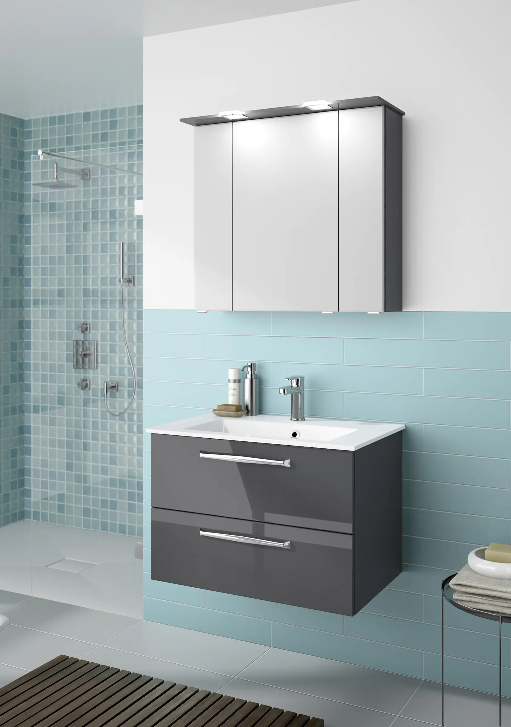 Pelipal Badmöbel-Set Trentino Anthrazit Hgl mit Mineralmarmor-Waschtisch + Kranz-Leuchte 77 cm