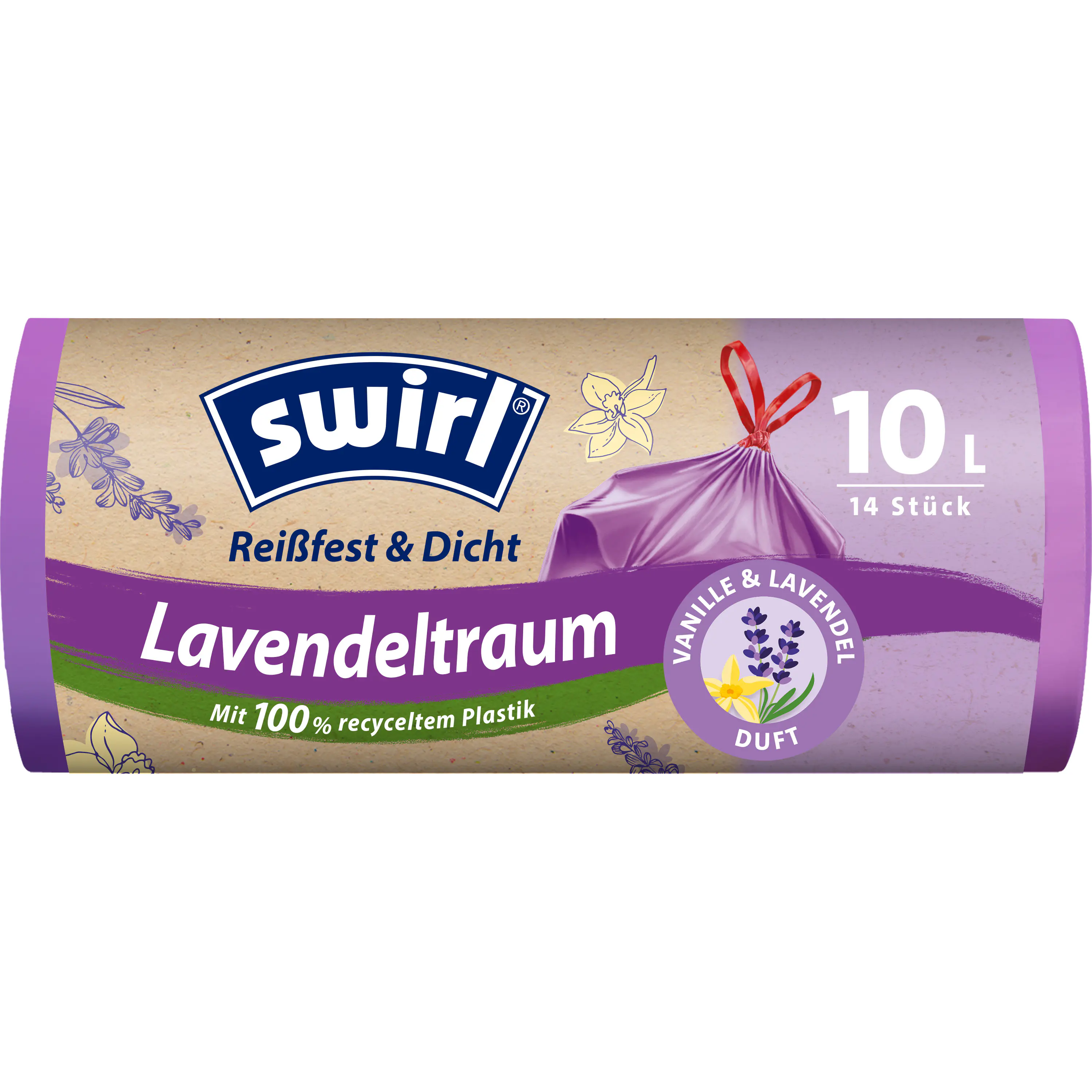 Swirl Duft-Müllbeutel Vanille-Lavendel 10 L Reißfest & Dicht 14 Stück