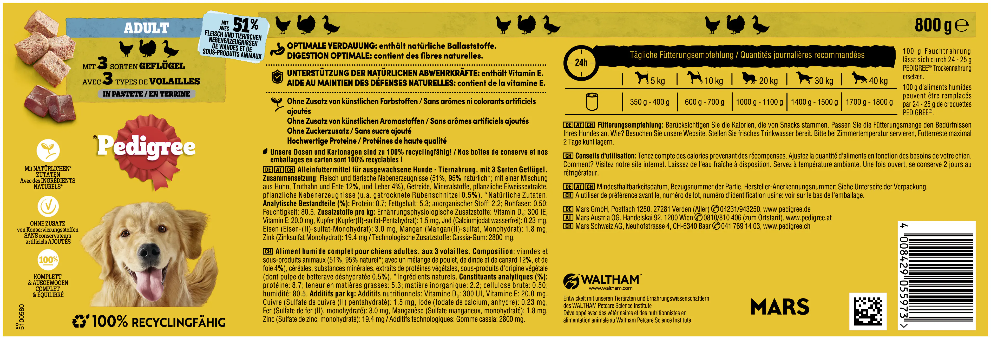 Pedigree Classic Hundenassfutter Adult 800 g Huhn, Truthahn und Ente