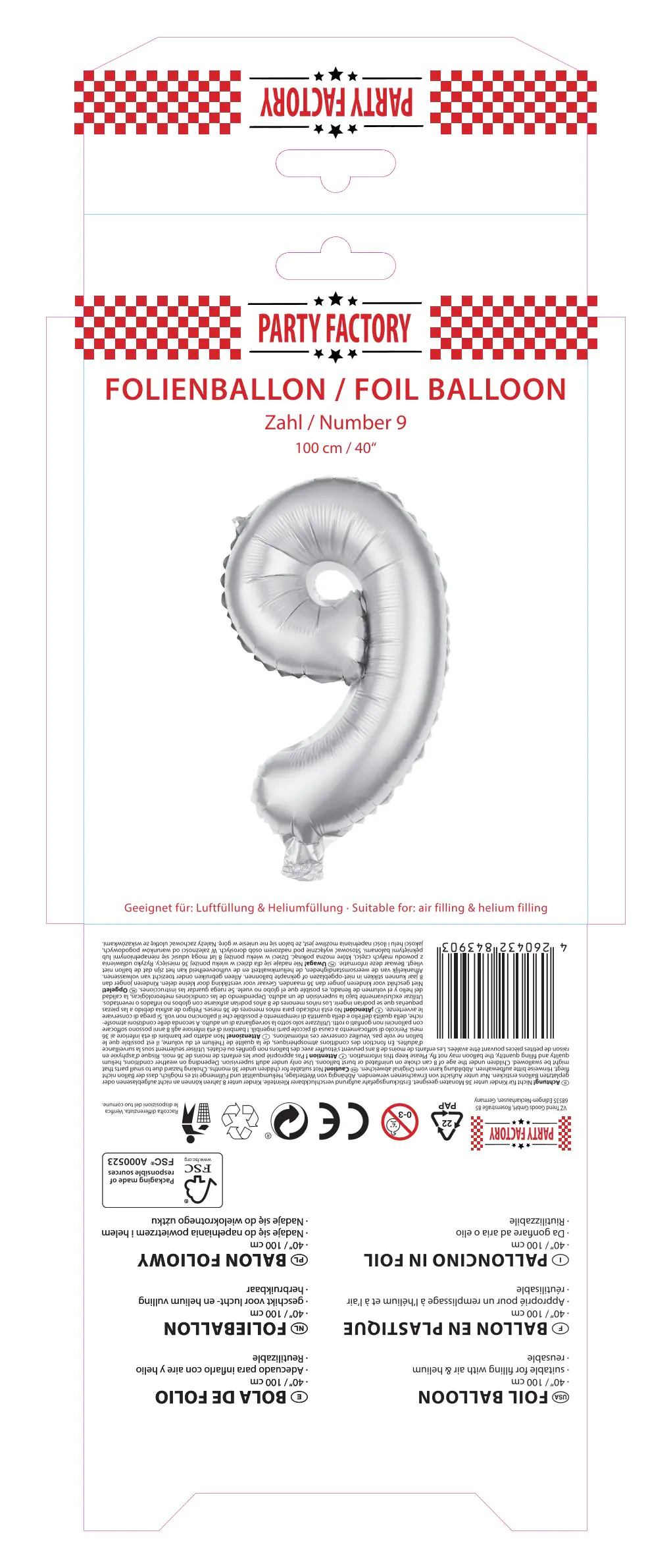 Folienballon Zahl 9 silber 100 cm