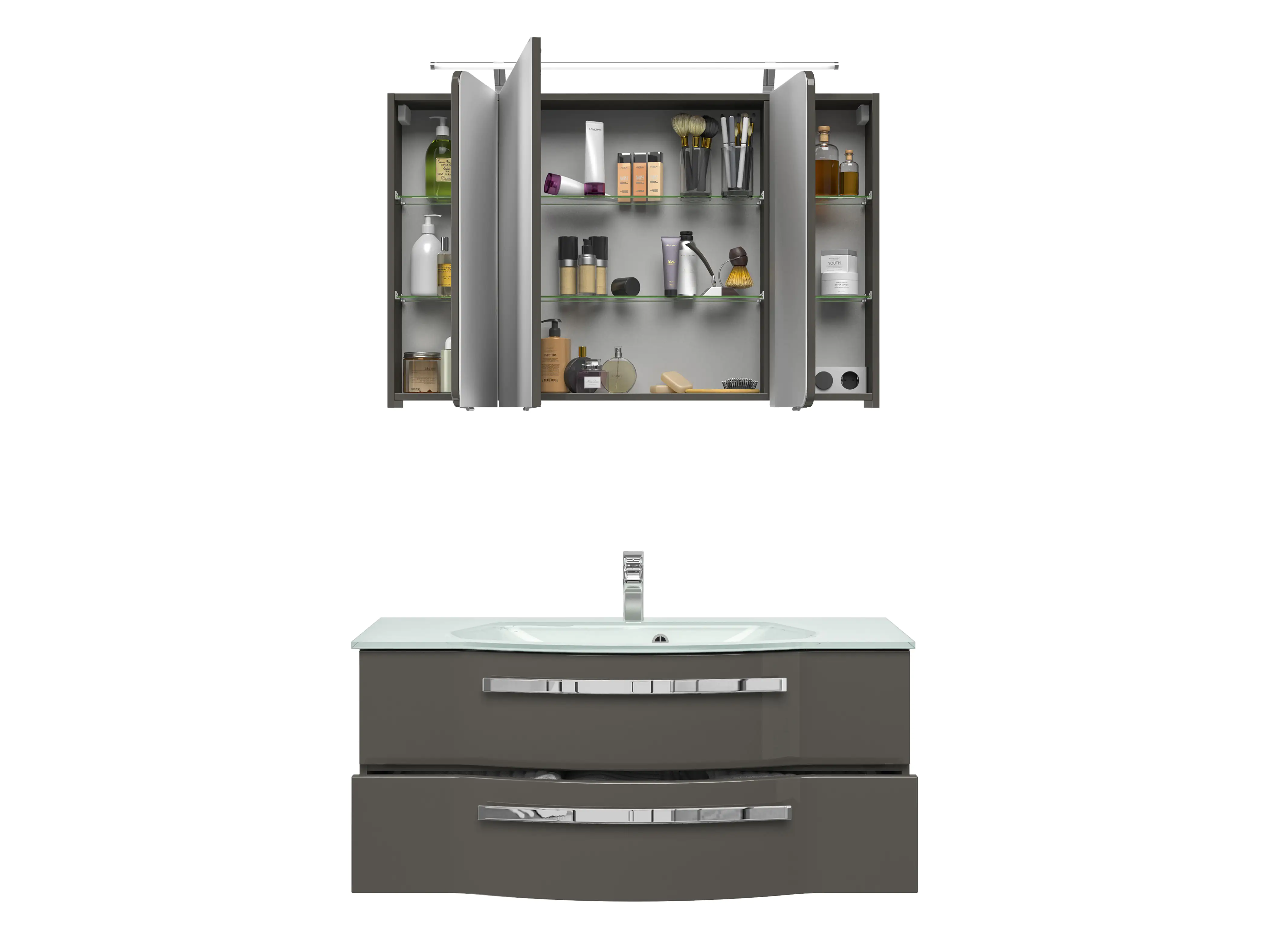 4017026096760_4 Pelipal Badmöbel-Set 4005 Lack steingrau Hgl mit Glas-Waschtisch + LED-Leuchte 120 cm