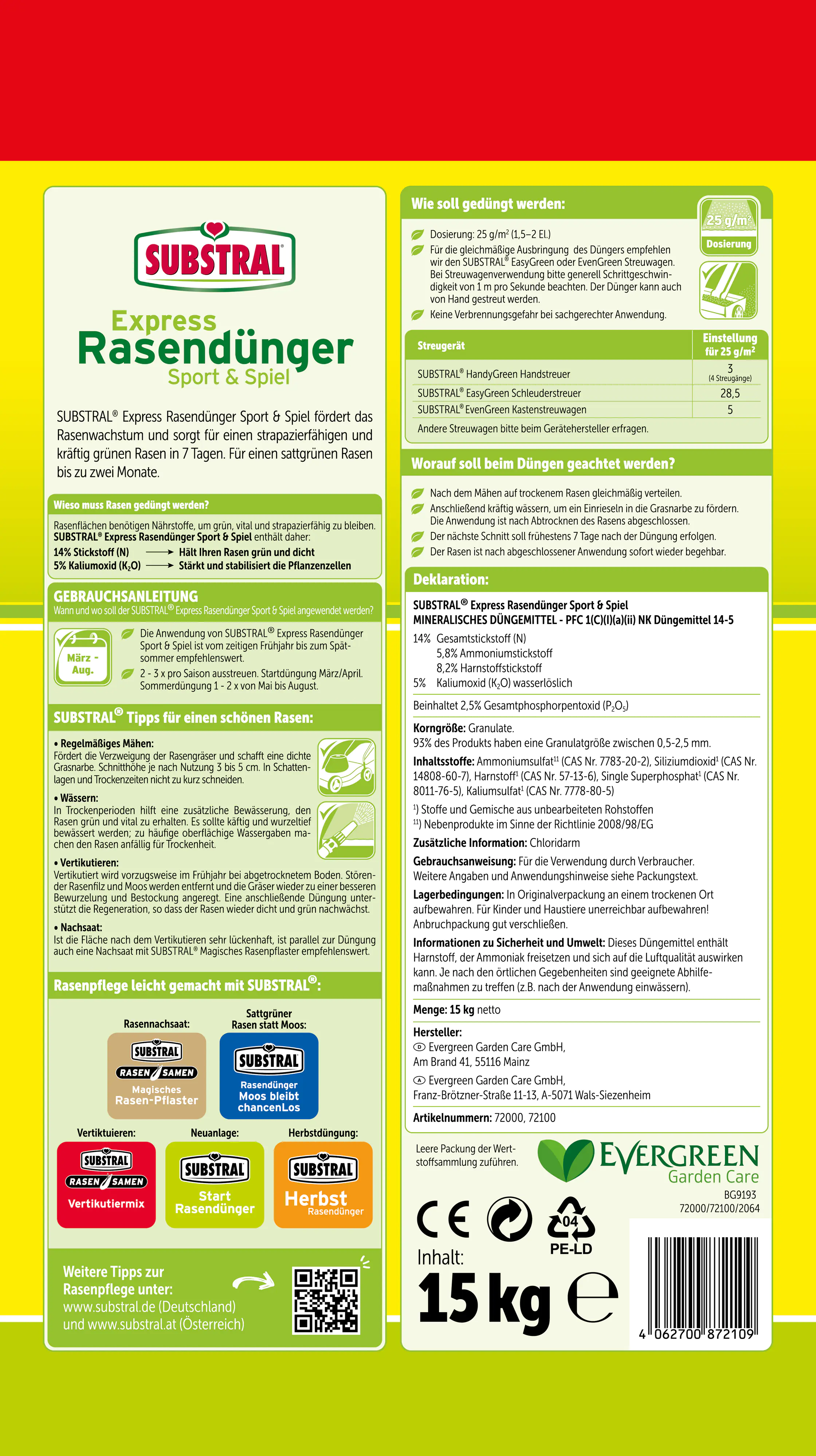 Substral Express Rasendünger Sport & Spiel für 600 m² 15 kg Aktionspackung