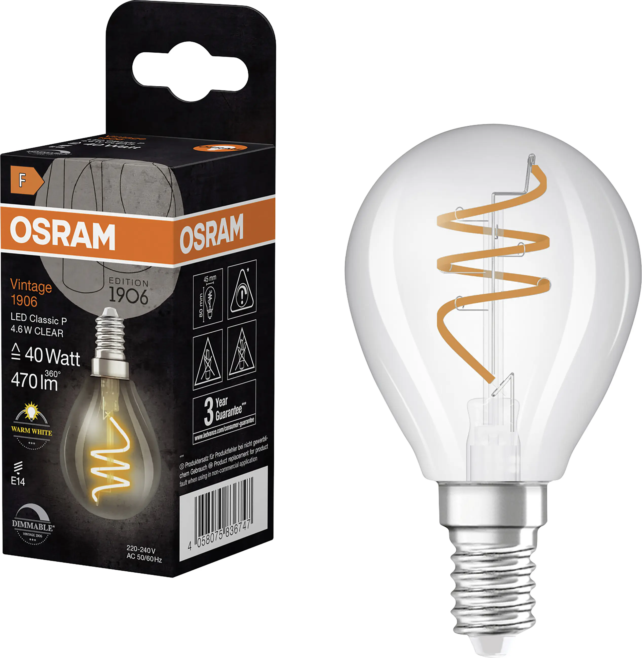Osram LED Leuchtmittel E14 Vintage 1906 Classic 4,6W klar dimmbar warmweiß Osram LED Leuchtmittel E14 Vintage 1906 Classic 4,6W klar dimmbar warmweiß