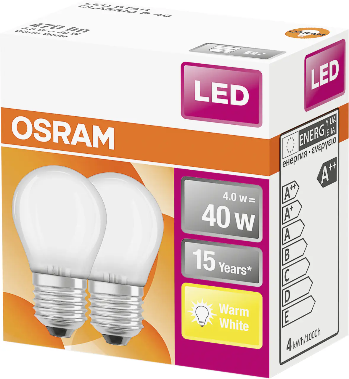 Osram LED Leuchtmittel Clas P40 E27 4W 2er Pack warmweiß, weiß matt