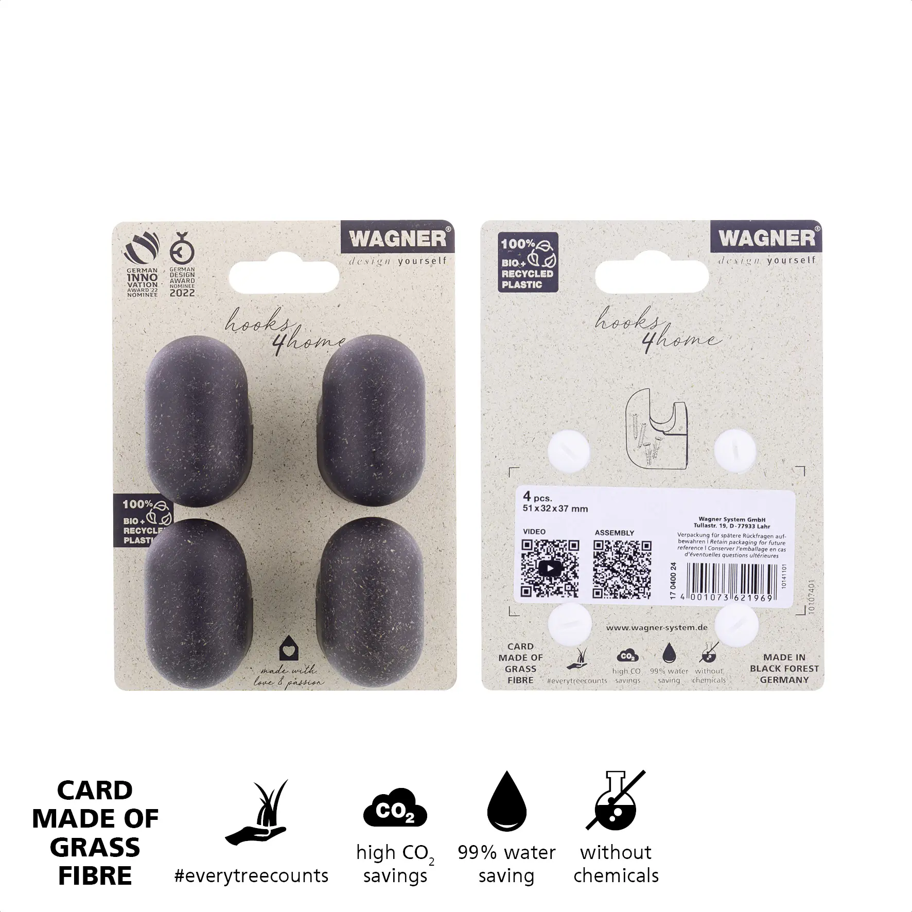 Wagner Wandhaken-Set hooks4home Pill Tragkraft bis 2 kg Bio Kunststoff schwarz 4 Stück