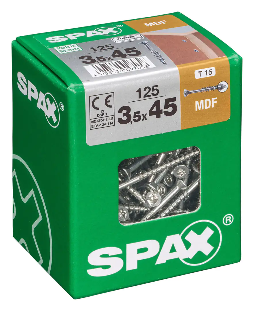 Spax Faserplattenschrauben 3.5 x 45 mm TX 15 - 125 Stk. Spax Faserplattenschrauben 3.5 x 45 mm TX 15 - 125 Stk.