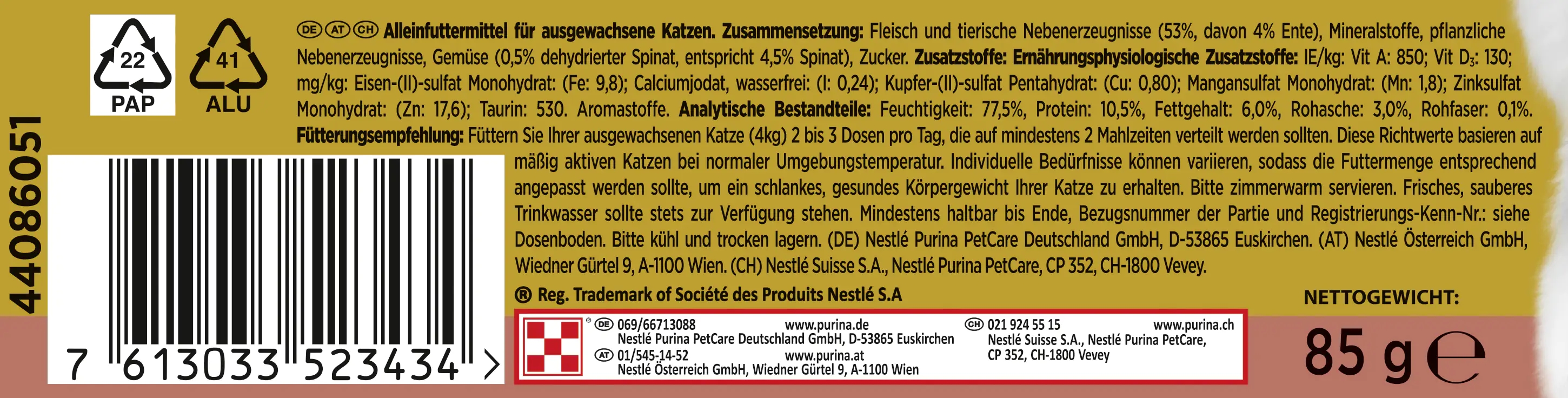 7613033523434_3201424 Gourmet Gold Feine Pastete mit Gemüse Ente und Spinat 85 g
