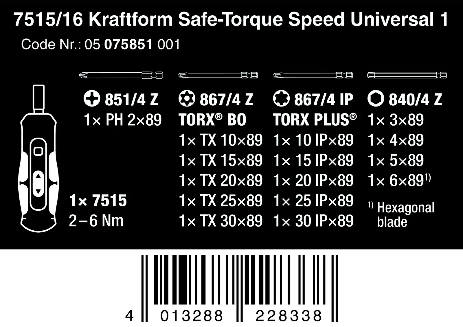 Wera Drehmomentschrauber 7515/16 Kraftform Safe-Torque Speed Universal 1 16-teilig